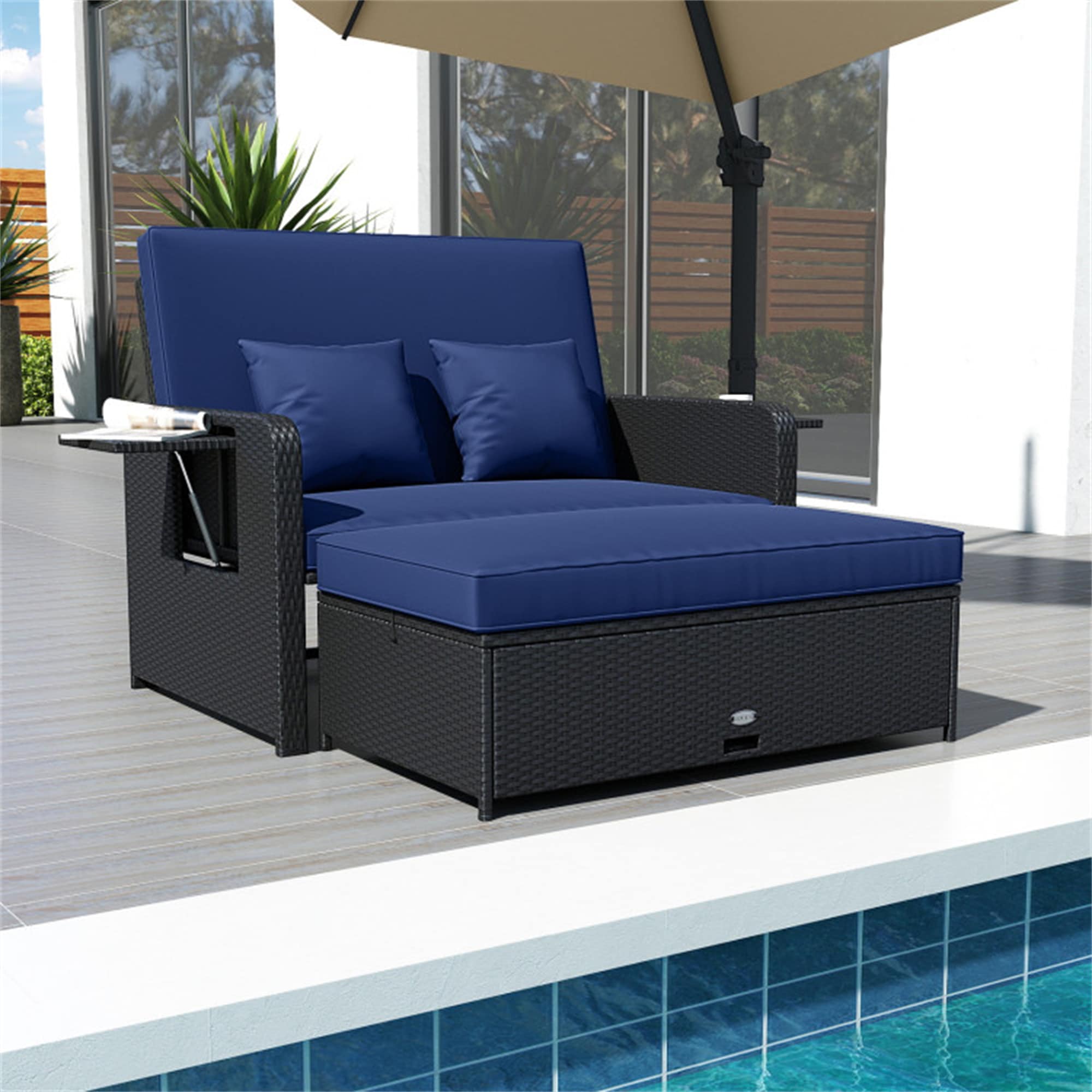 BABOOM BOM-75136NY-CO PE Wicker Outdoor Daybed Rattan Outdoor Daybed with Navy Cushions and Steel Frame