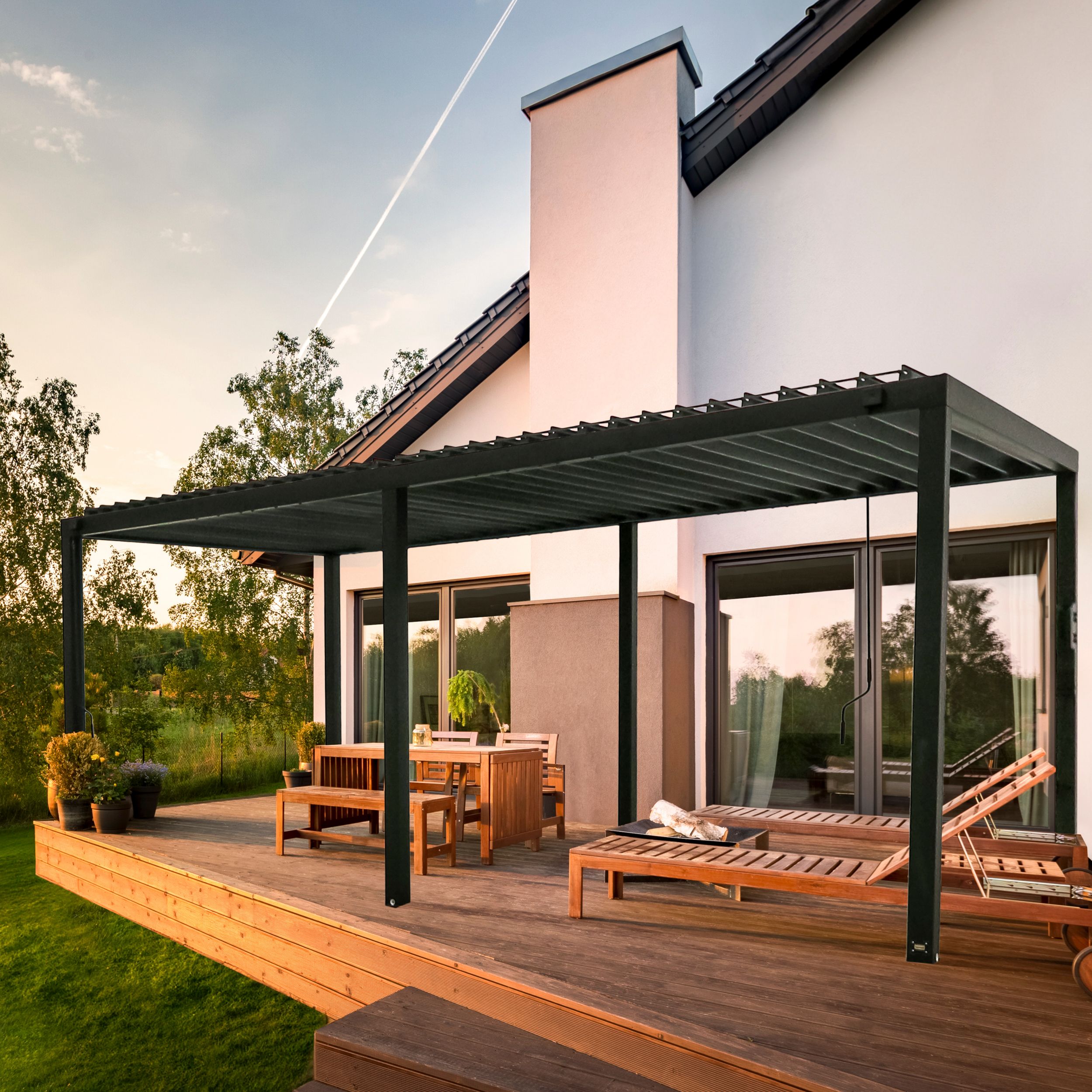 Sarasota Black Steel Louvered Pergola with Canopy