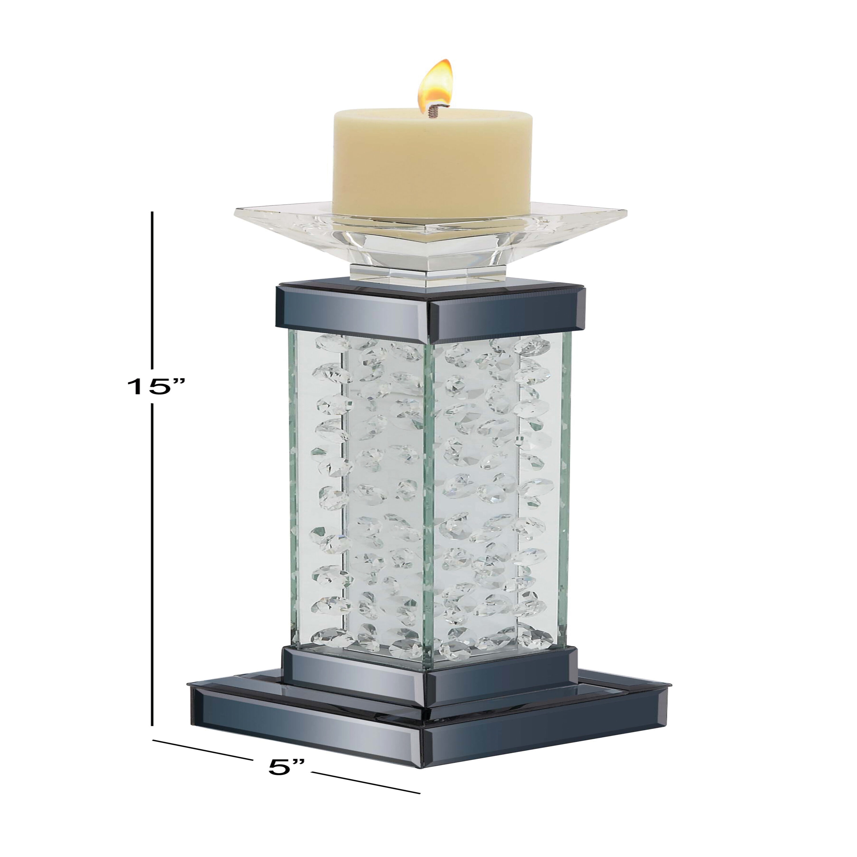 Elegant Silver Glass Candlestick with Floating Crystals 15"