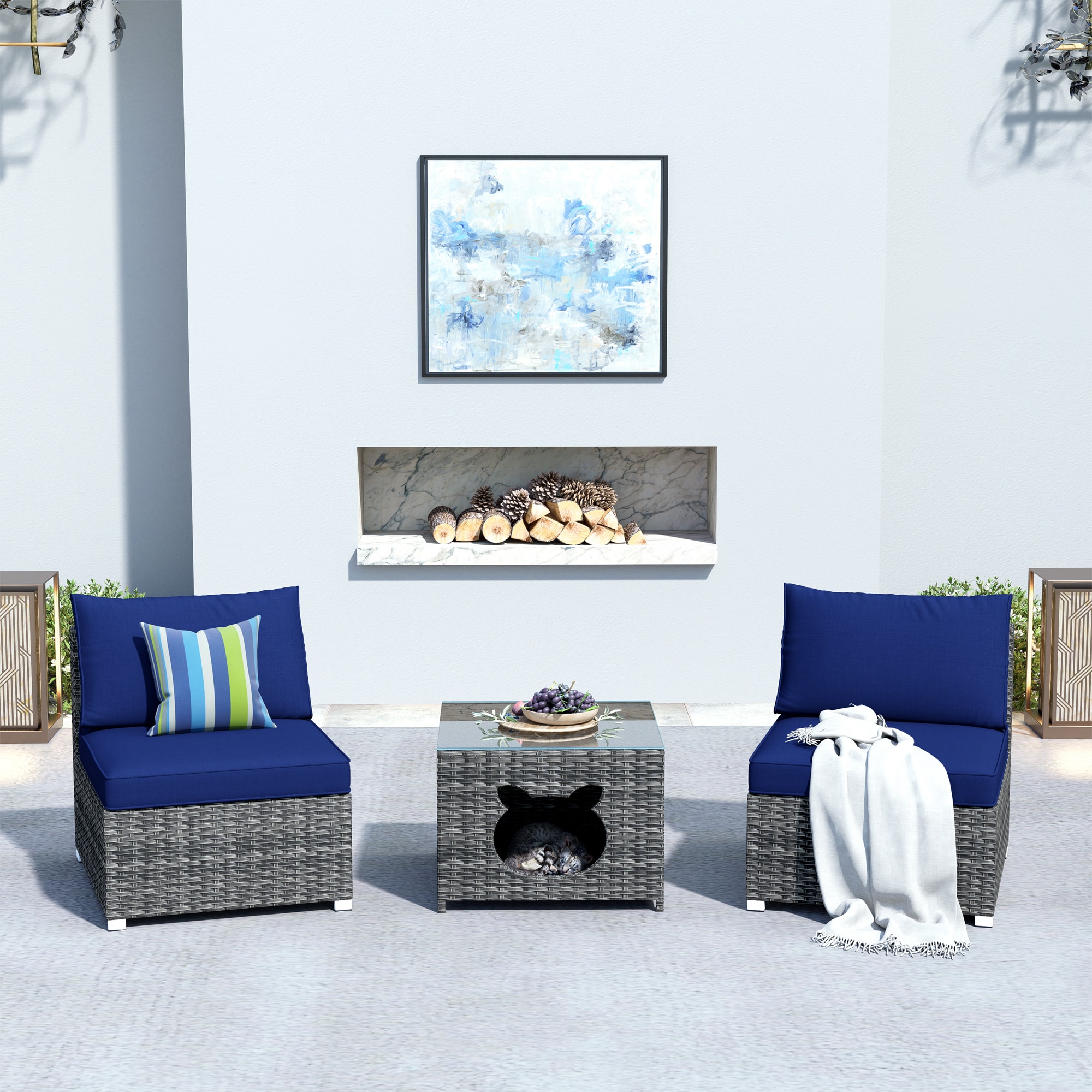 XIZZI XIHOPPET702-M Sunrise Set of 2 Rattan Gray Metal Frame Stationary Conversation Chair with Blue Cushioned Seat