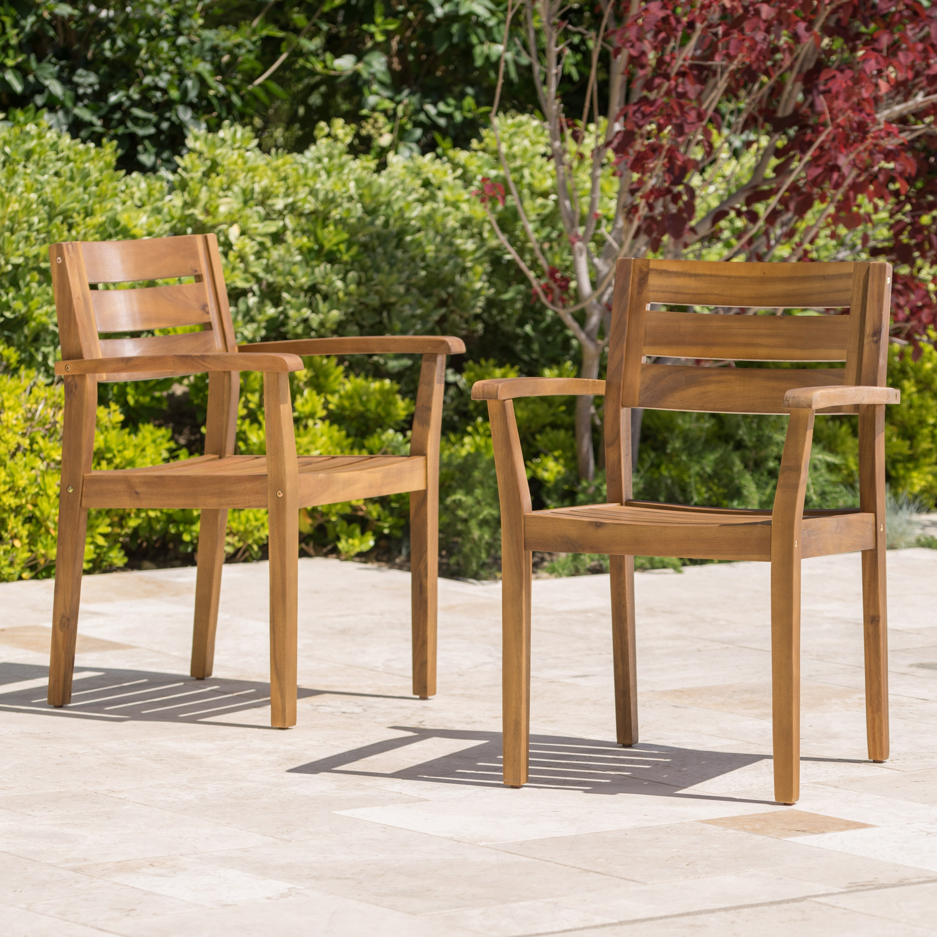 Christopher Knight Home Stamford Outdoor Acacia Wood Dining Armchair Set of 2 with Slatted Seat and Weather Resistant Frame Teak