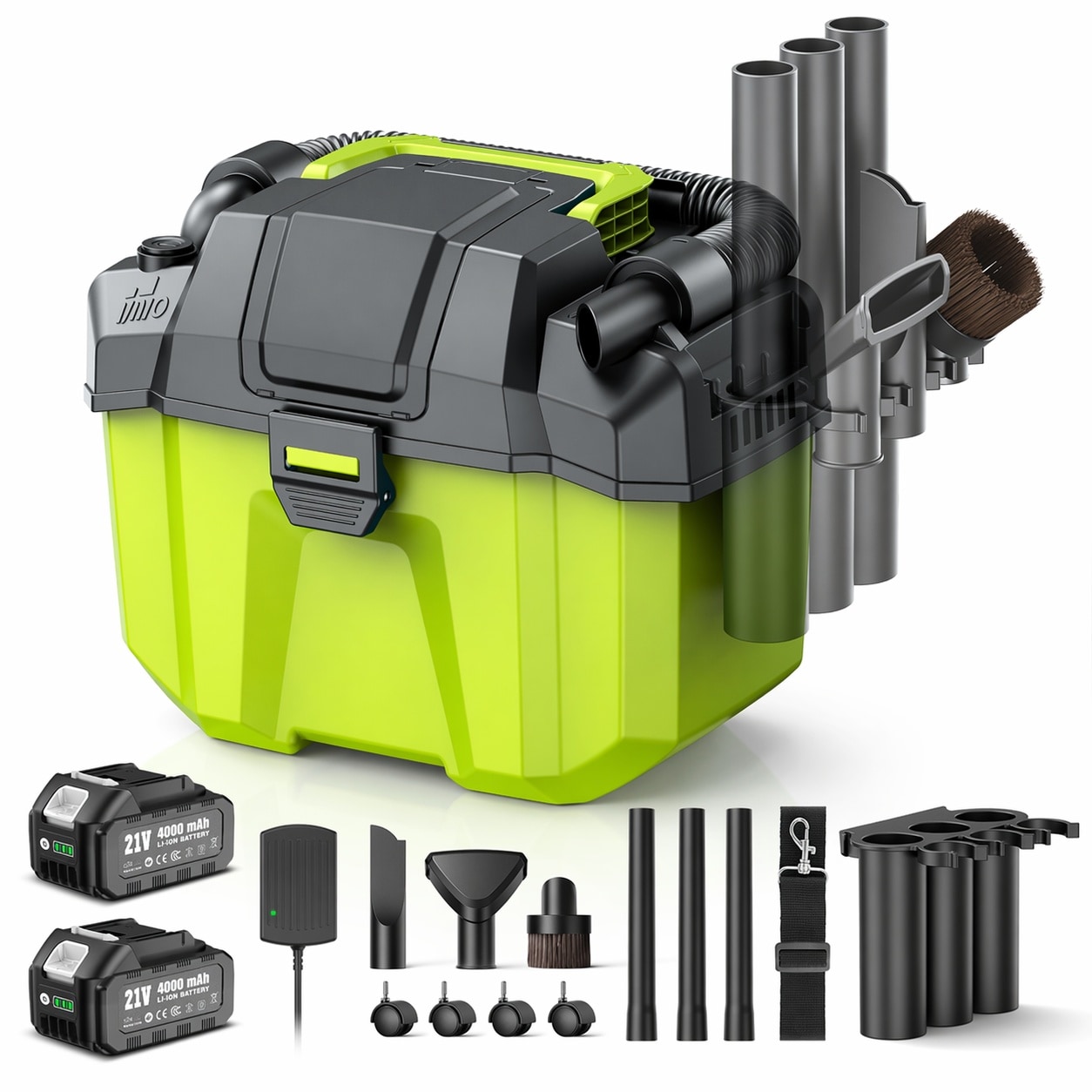 Misopily  Cordless Shop Vac 2 Point 6 Gallon Wet Dry Vacuum Cleaner 3 in 1 Portable with Strap Four Wheels Accessory Storage Holder for Garage