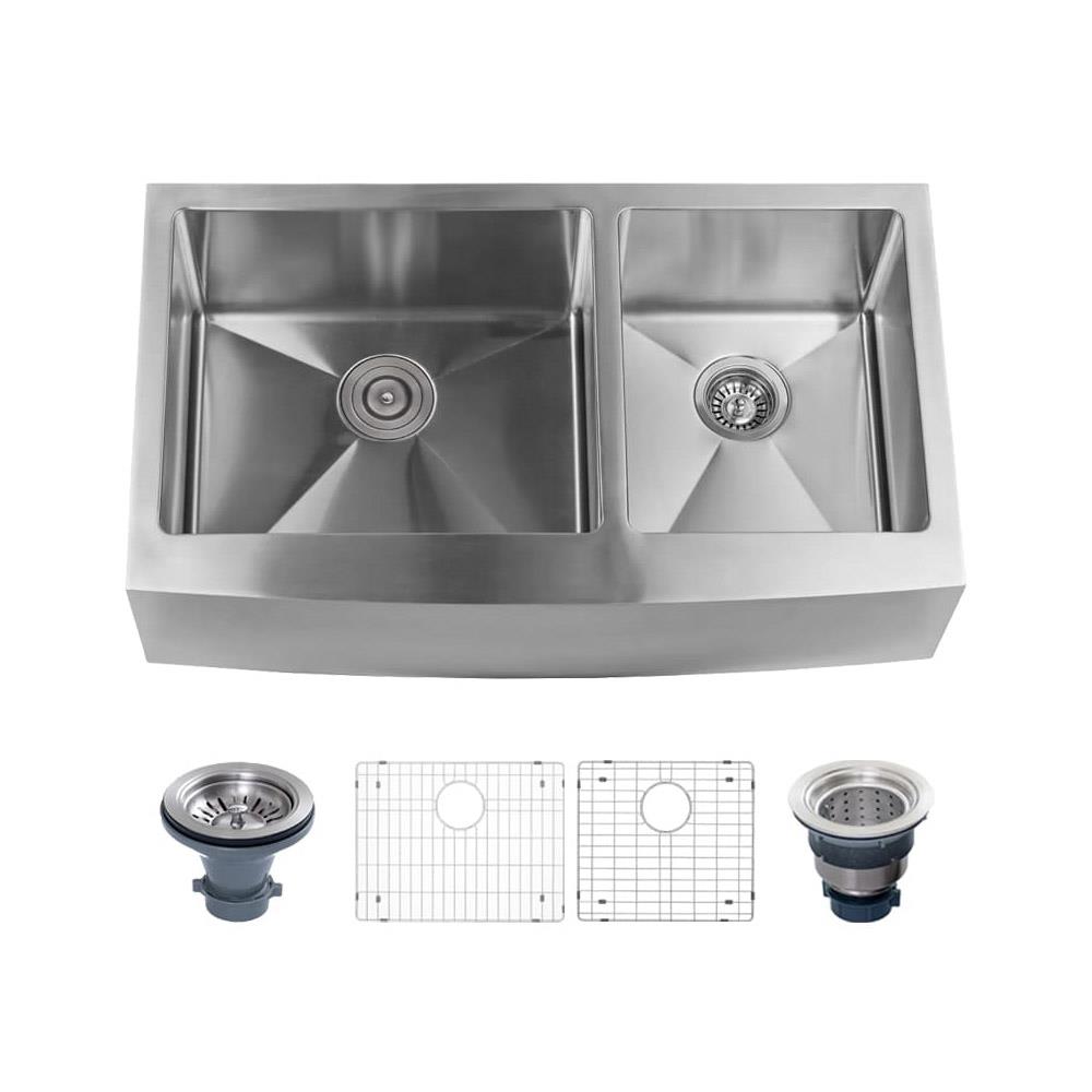 Miseno MNO163320F6040 Farmhouse Apron Front 32.875-in x 20.75-in Stainless Steel Double Offset Bowl Kitchen Sink
