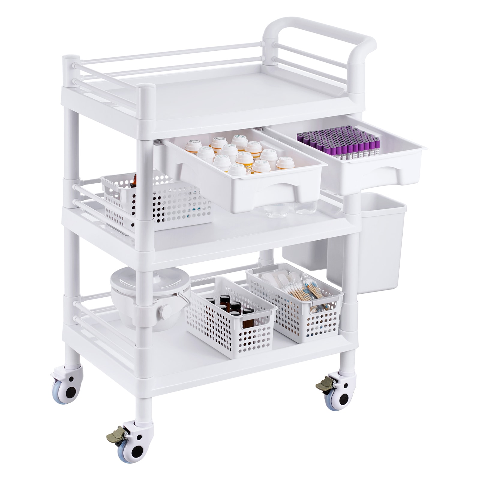 GIVIMO 3-Tier Lab Utility Cart - Mobile Medical Cart with 3 PP Trays - 4 Silent Wheels - 3 Trash Cans - for Lab - Clinic - Hospital - Salon - White #LW102GIVSS3069