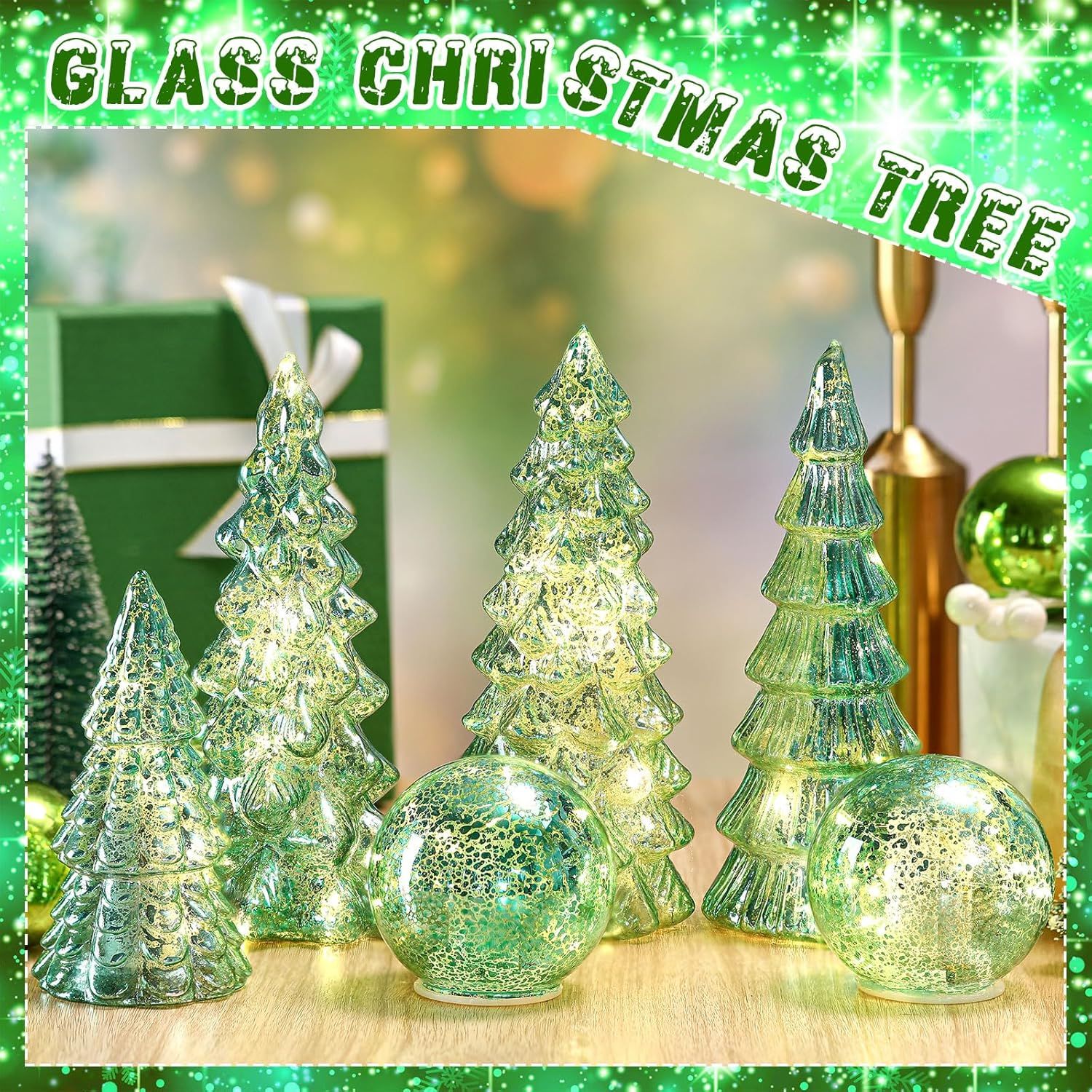 BEARSOLIM 6 Pcs Mercury Glass Cracked Globe Light Up Christmas Tree Tabletop Decor
