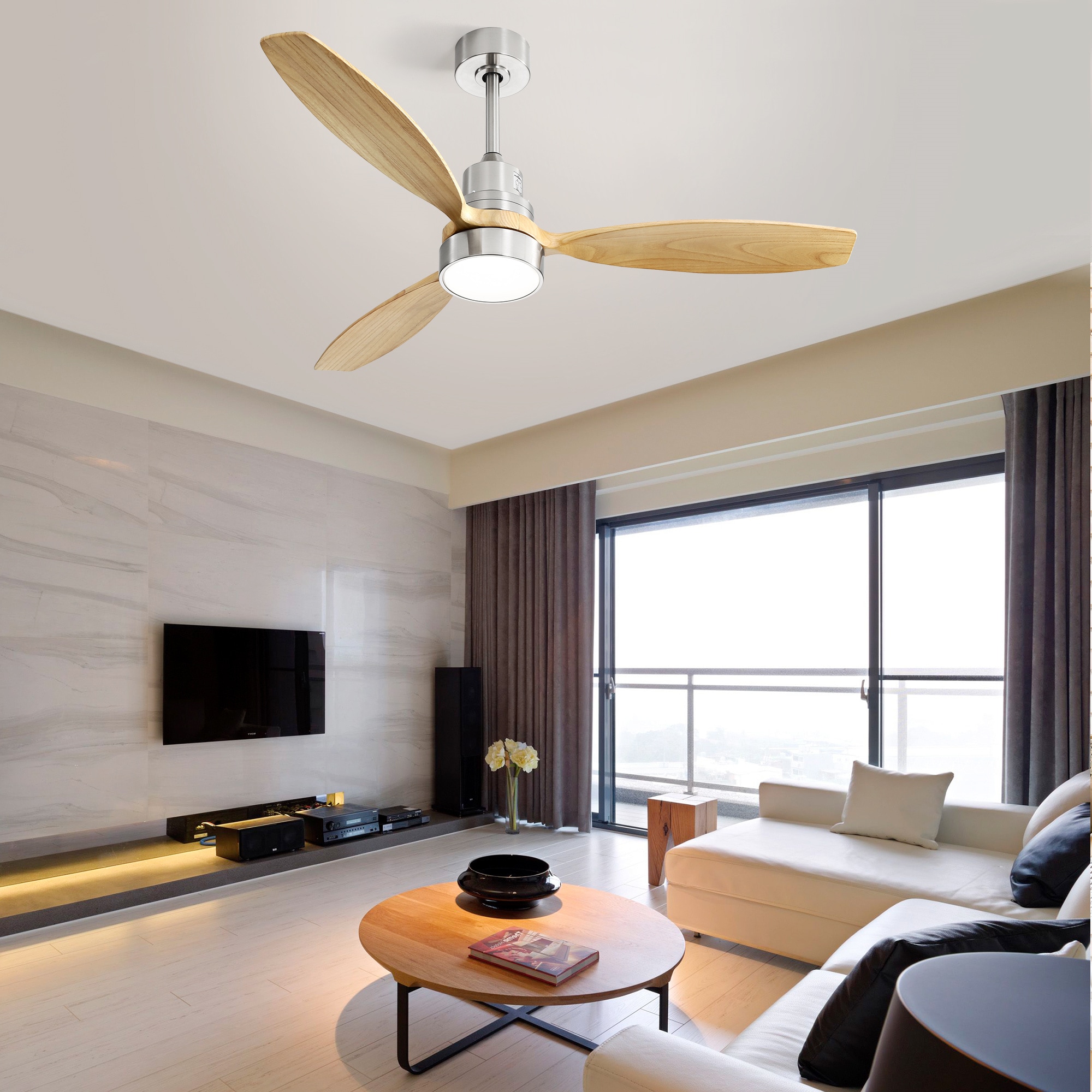 BABOOM BOM-P288631-OR Low Profile Integrated LED Ceiling Fan 52-in Color-Changing Integrated LED Brushed Nickel with Wood Blades Fandelier Ceiling Fan With Light - Remote Included ( 3 -Blade )