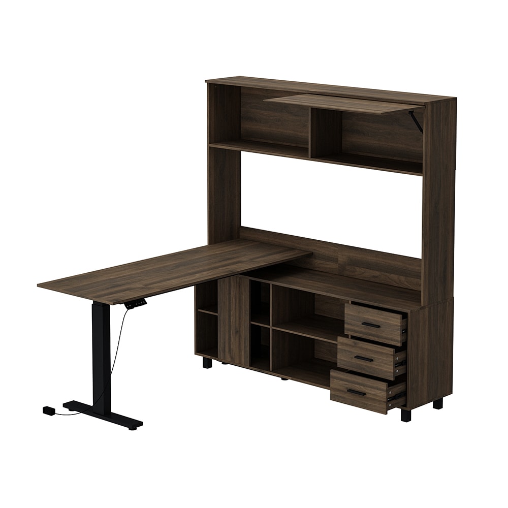 Homsee C-KF150228-01+02 Modern L Shaped 63 Inch Adjustable Height Stand Up Desk with Bookcase Ergonomic Walnut Brown Workstation with Button Control and Storage Cabinet