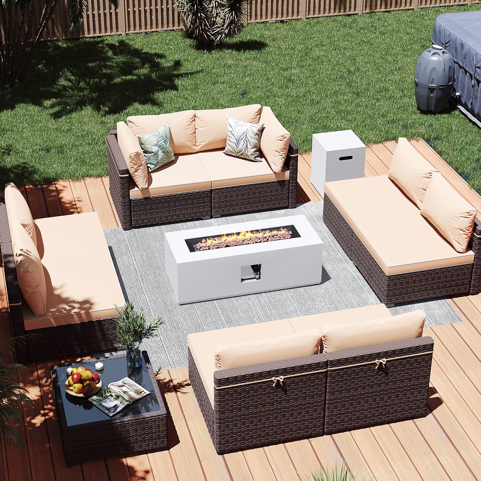 Patio Watcher LS-RT9-KD42CWH-B1 10 -Piece Rattan Patio Conversation Set with Beige Cushions