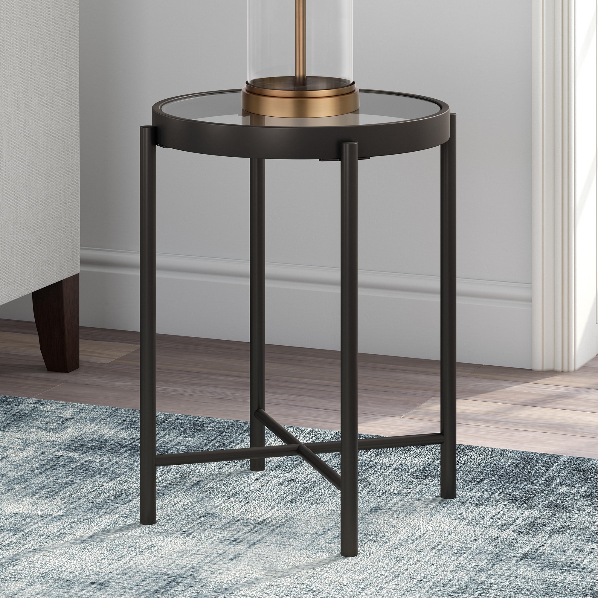 Hailey Home ST0198 Duxbury 18-Inches W x 22-Inches H Blackened Bronze Glass Round Modern End Table Assembly Required