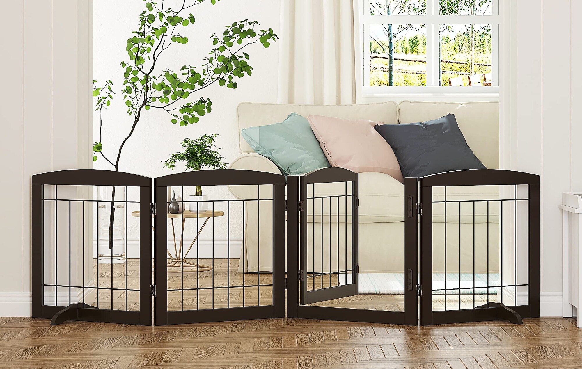 Justincity  Freestanding Dog Gate with Walk Through Door 80 Inch Wide 4 Panel Wood Pet Safety Fence for Doorways Stairs and House Support Feet