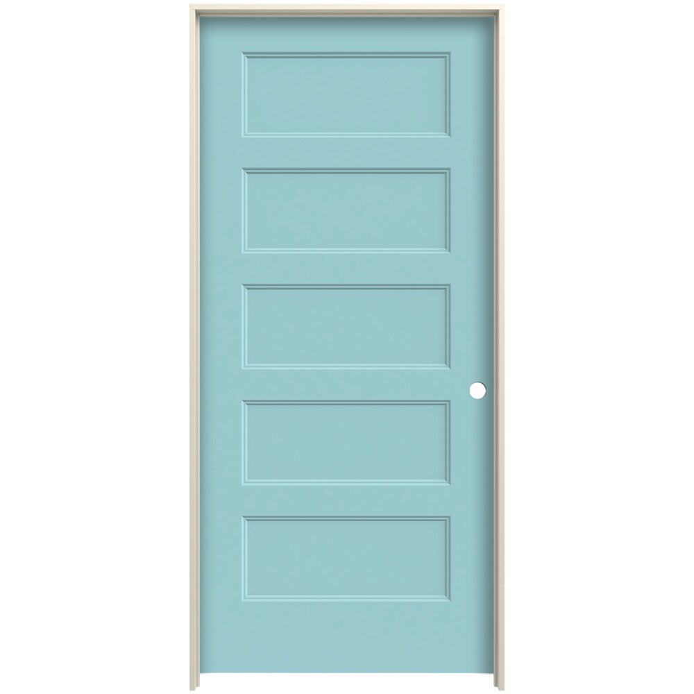 JELD-WEN LOWOLJW226200278 32-in x 80-in Caribbean Blue Solid Core 5-panel Equal Left Hand Smooth Prefinished Molded Composite Flat Jamb Single Prehung Interior Door