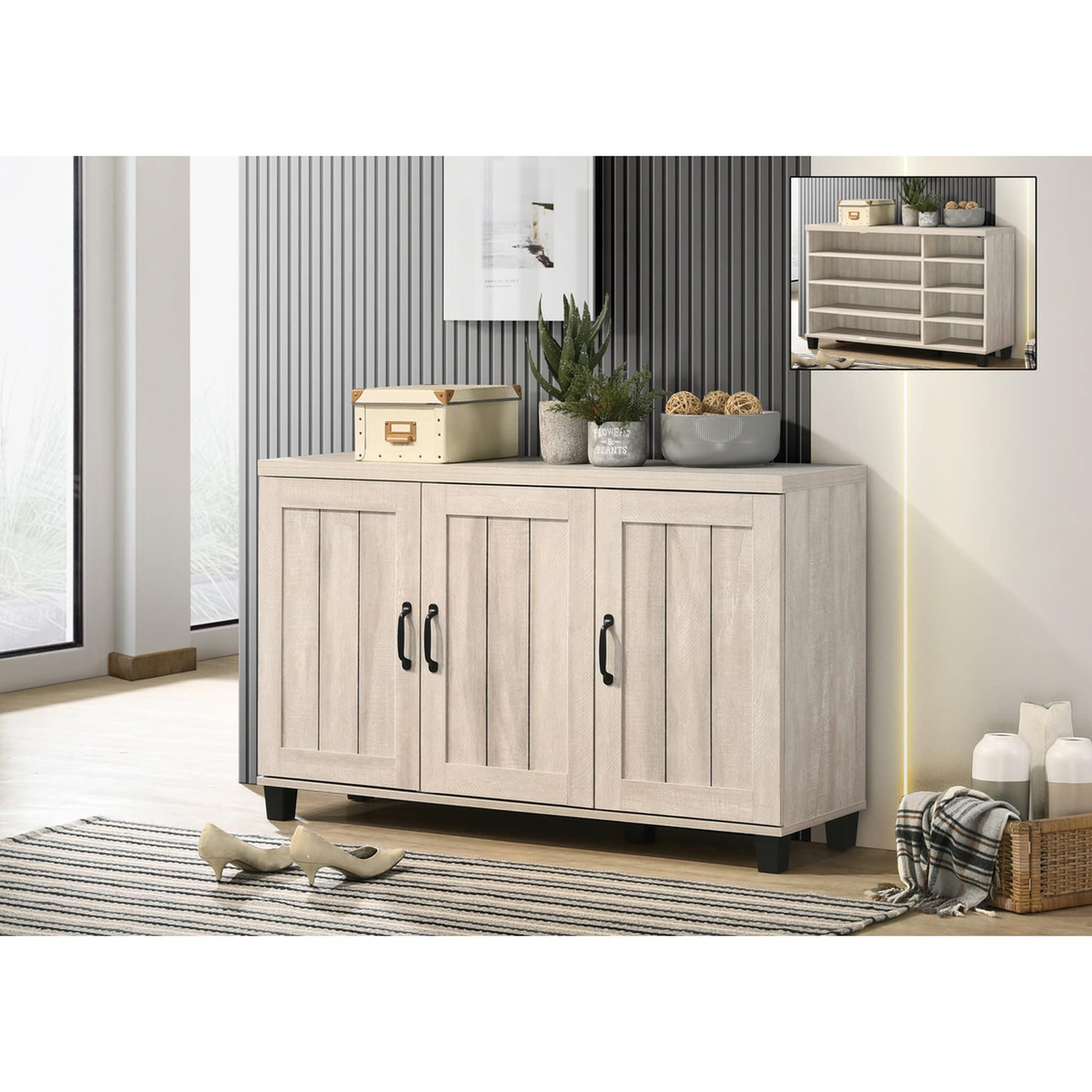 HyperDrop Cart 45 Inch Wide 3 Door Shoe Cabinet Dusty Gray Oak Finish