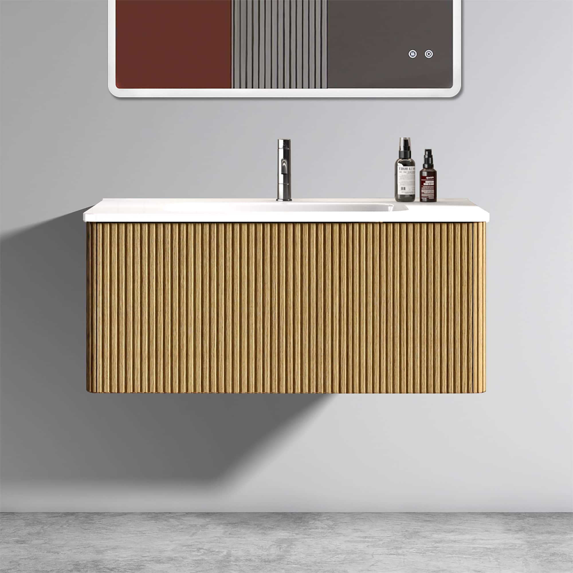 WELLFOR WA-MBF-7248 Striped Unassembled Bathroom Vanity 36-in OAK Single Sink Floating Bathroom Vanity with White Ceramic Top