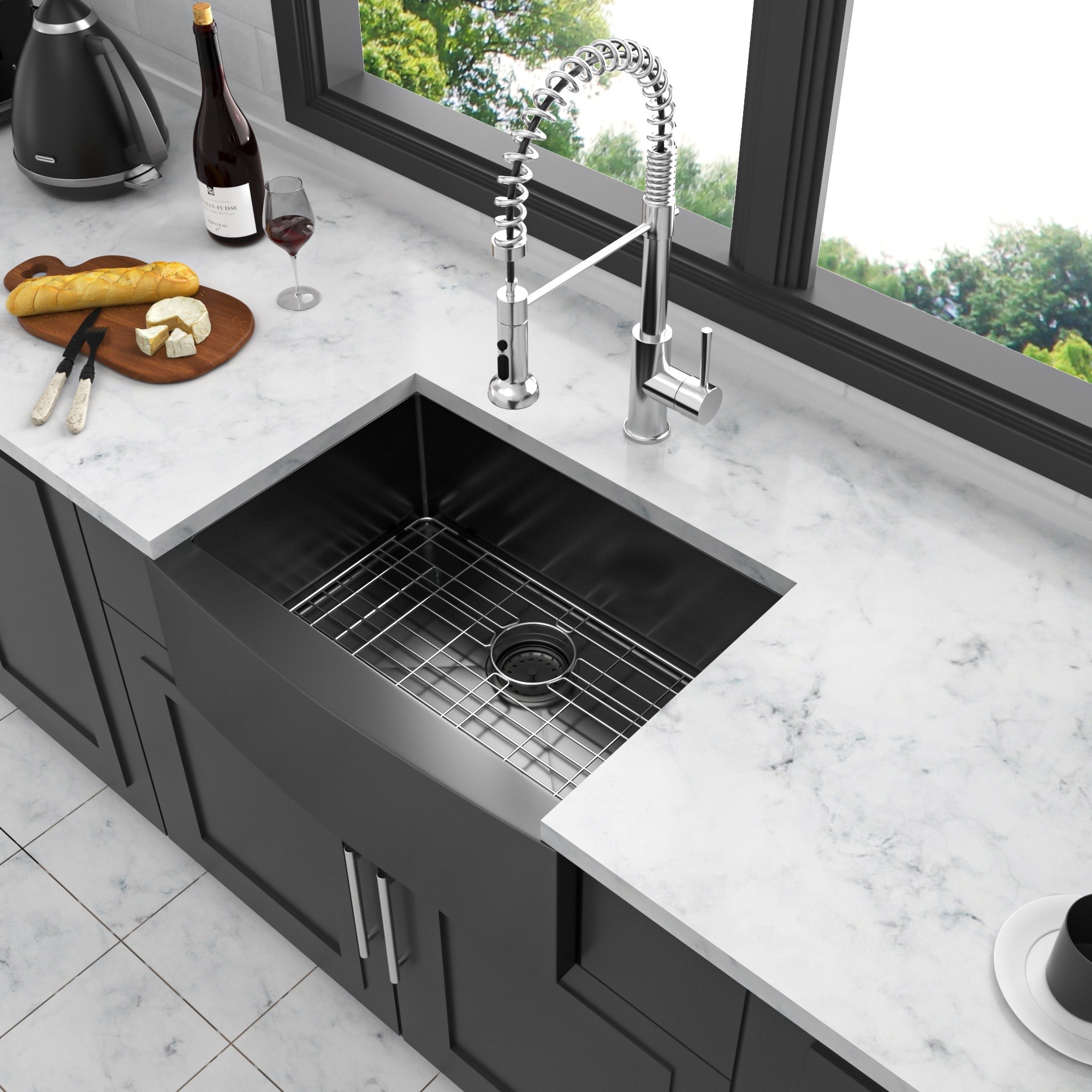 IAK 24 inch x 21 inch x 10 inch Gunmetal Black T304 Stainless Steel Farmhouse Kitchen Sink with Apron Front Design
