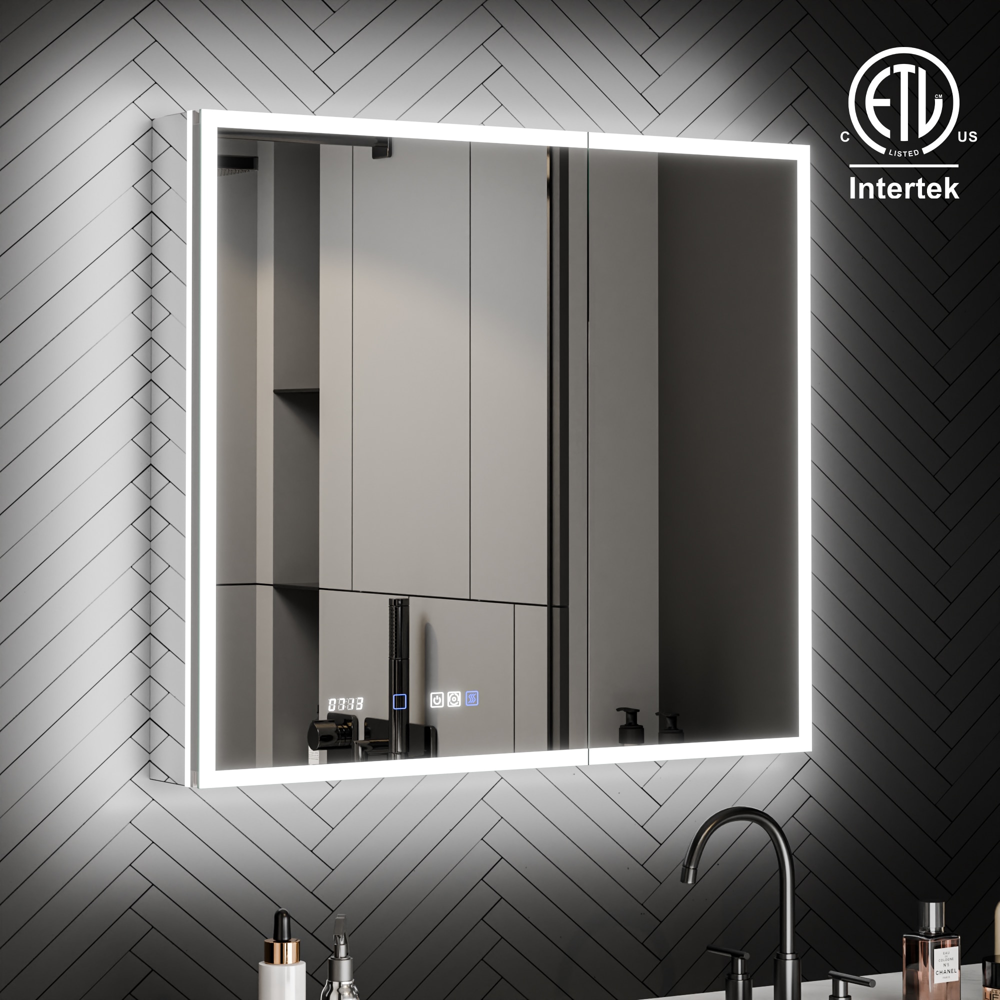 ExBrite W7MC4036 Astra 36-in x 32-in Lighted LED Fog Free Surface/Recessed Mount Stellar Silver Mirrored Rectangle Soft Close Medicine Cabinet with Outlet