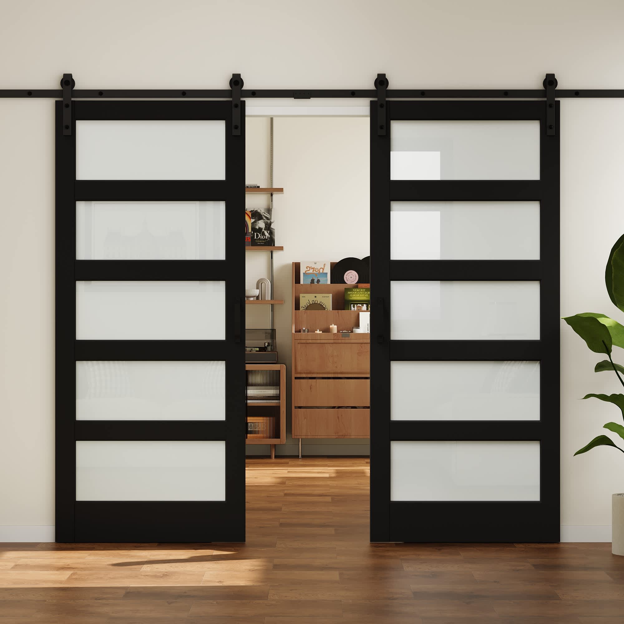 HYALON - 5 Lite Tempered Frosted Glass Black Solid Core Finished Composite MDF Sliding Barn Door ...
