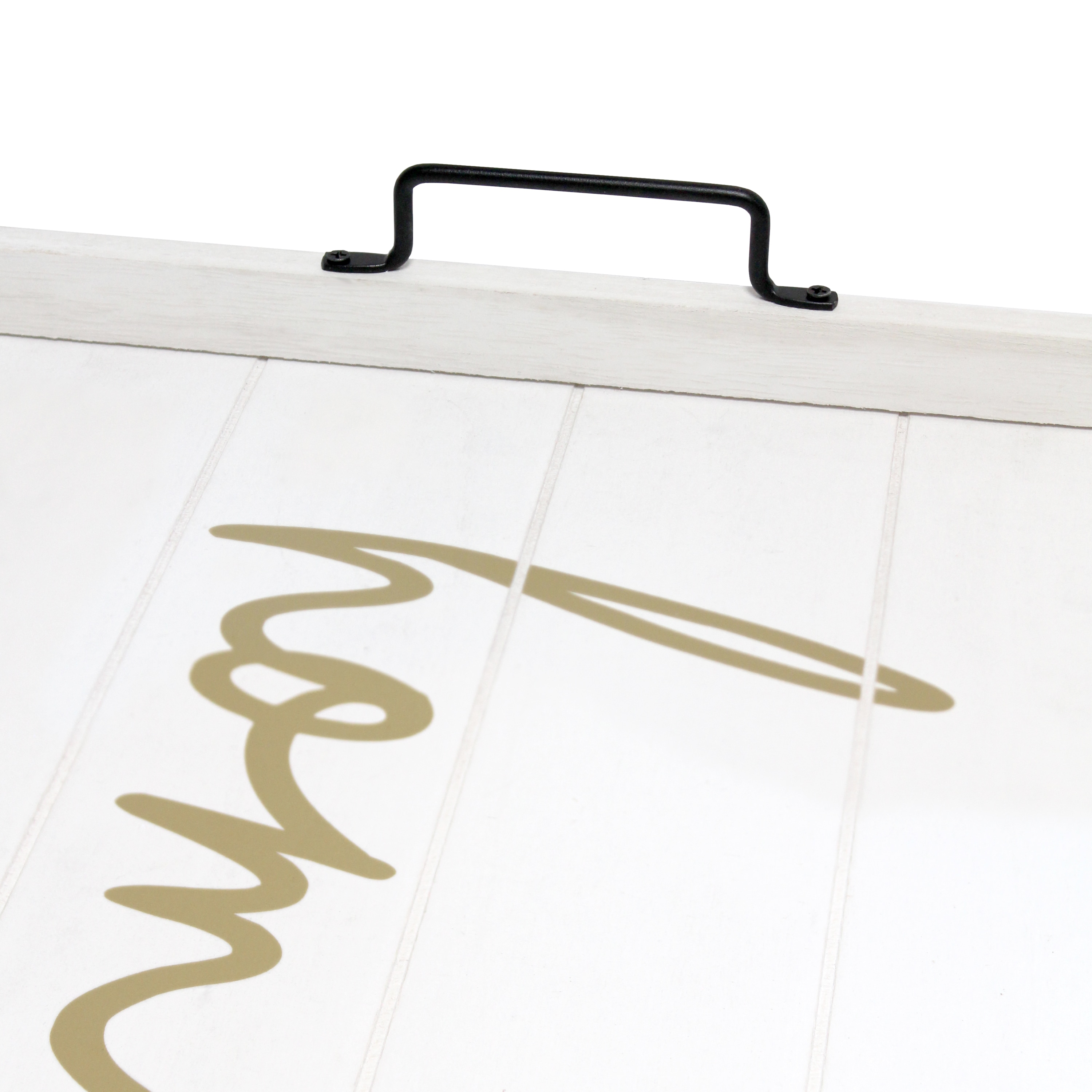 White Wash Wood Serving Tray with Black Metal Handles