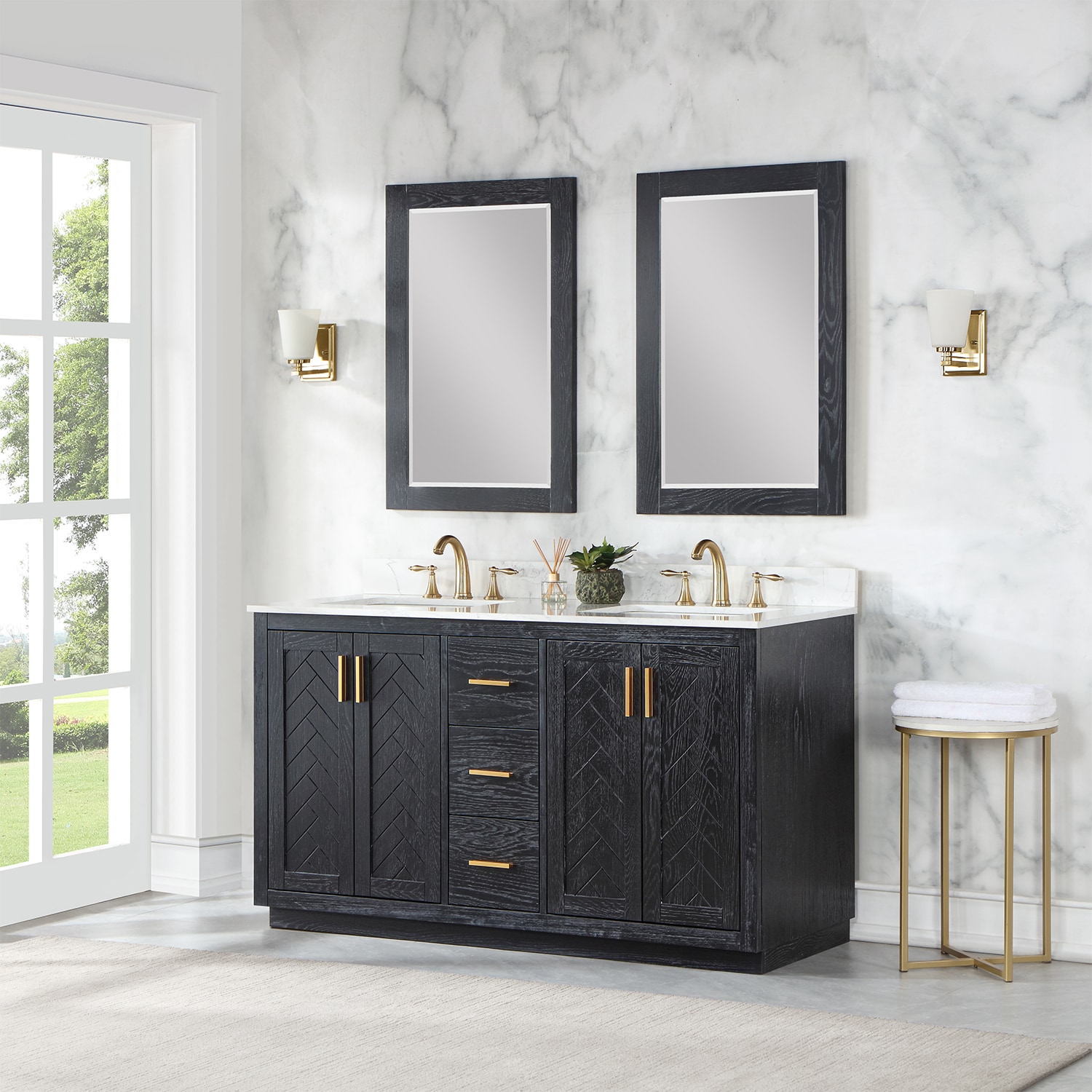 Altair 543060-BO-GW Gazsi 60-in Black Oak Undermount Double sink Bathroom Vanity with Grain White Engineered marble Top (Mirror Included)