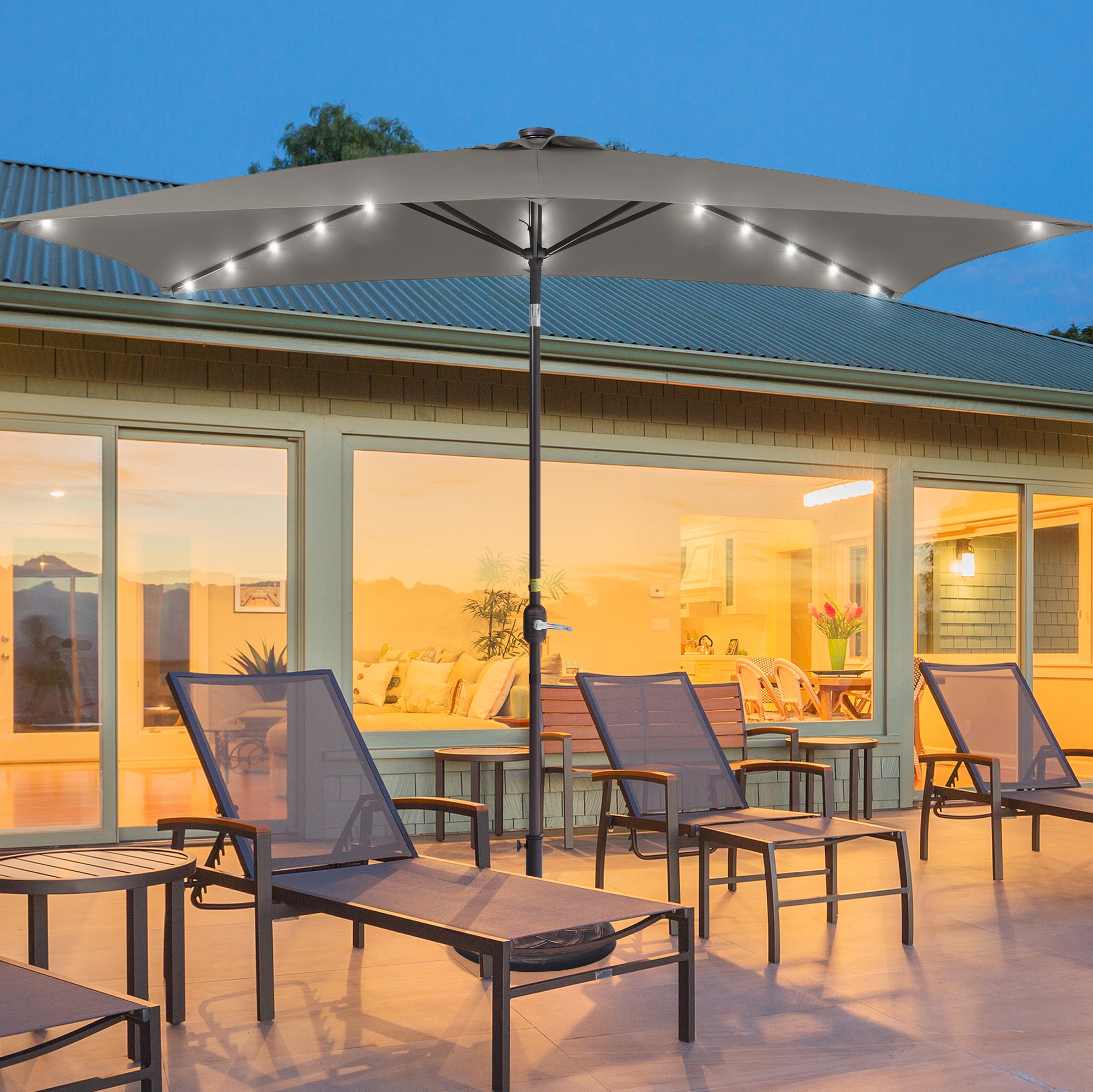 ACEGOSES LW-320G-LED 10-ft Steel Gray Push-button Tilt Market Patio Umbrella with Lights