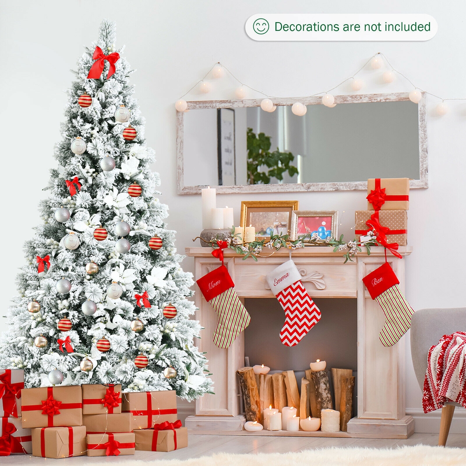 7-Foot Snow Flocked White Artificial Christmas Tree with Berries and Poinsettia Flowers