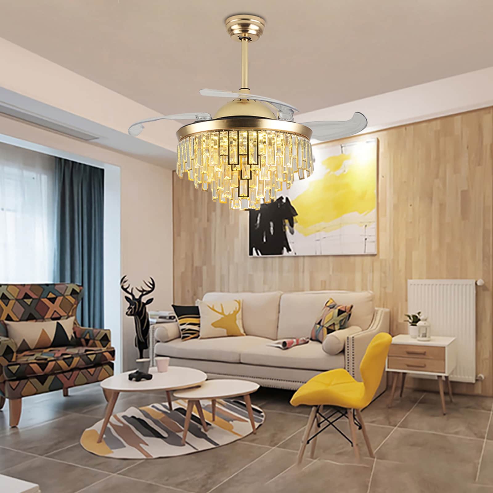 42" Gold Crystal Retractable Bladeless LED Chandelier Fan