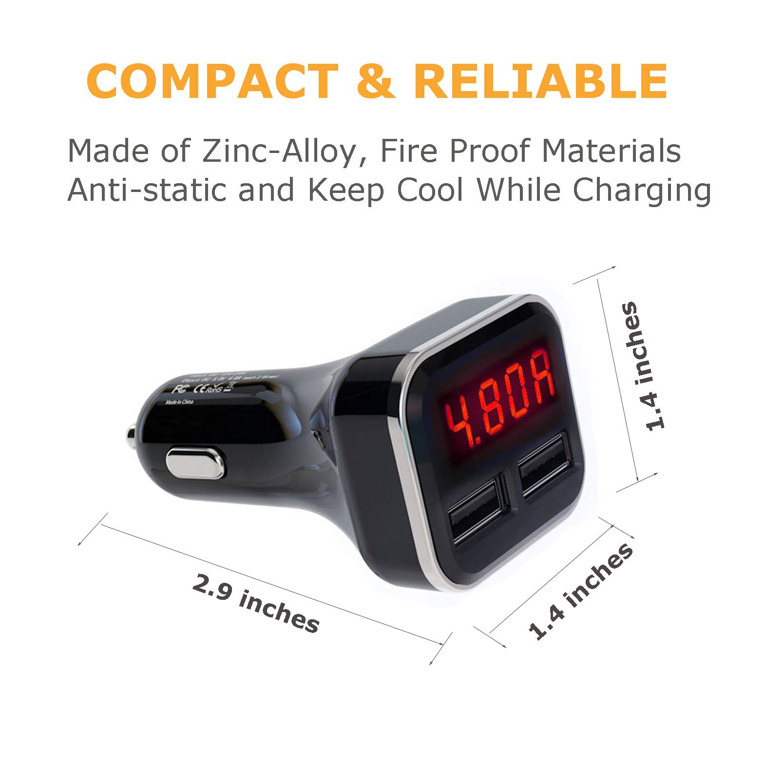 Afoxsos 4.8A 24W Dual USB Car Charger with Red LED Voltage and Amps ...