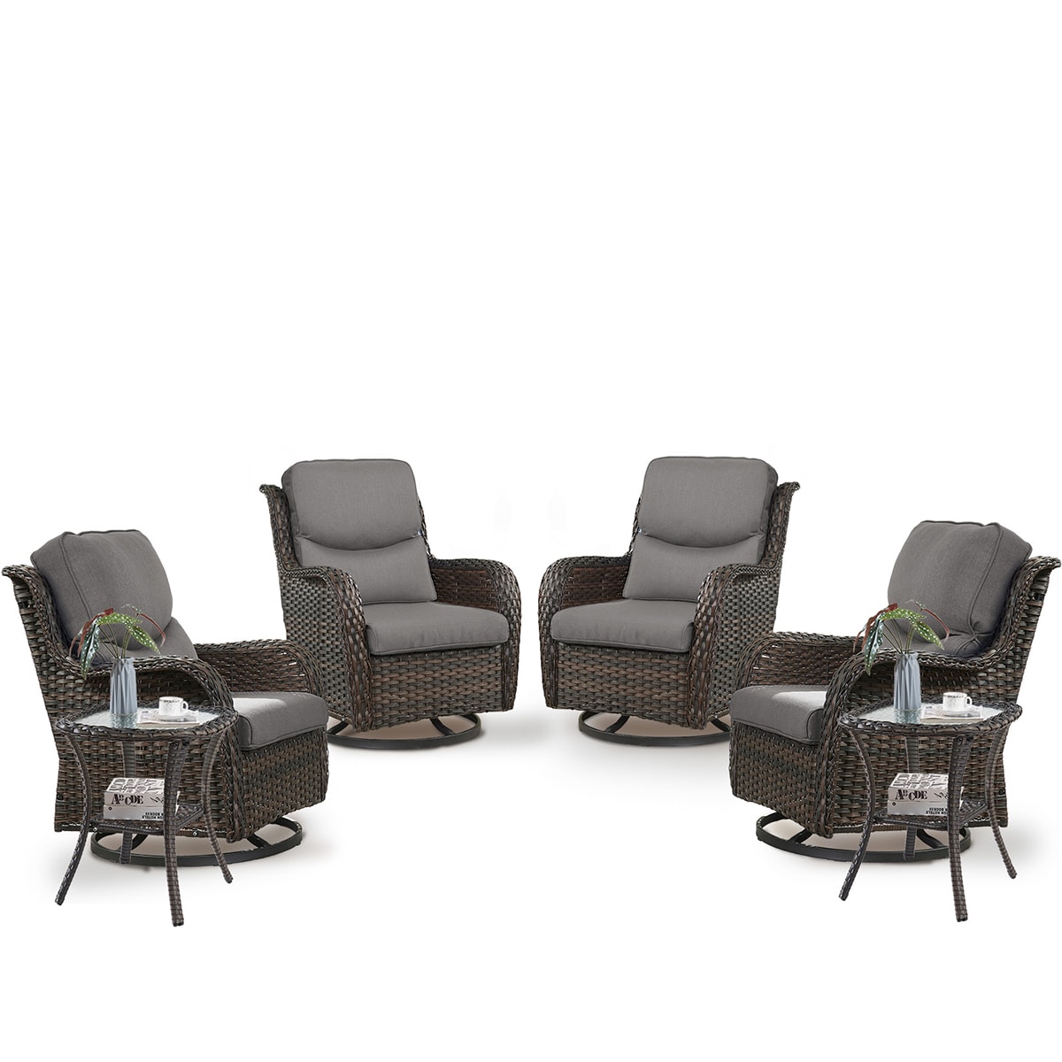 Rilyson FS035XLX2-3 Smiley Set of 4 Wicker Brown Wicker Frame Swivel glider Conversation Chair with Brown Gray Cushioned Seat