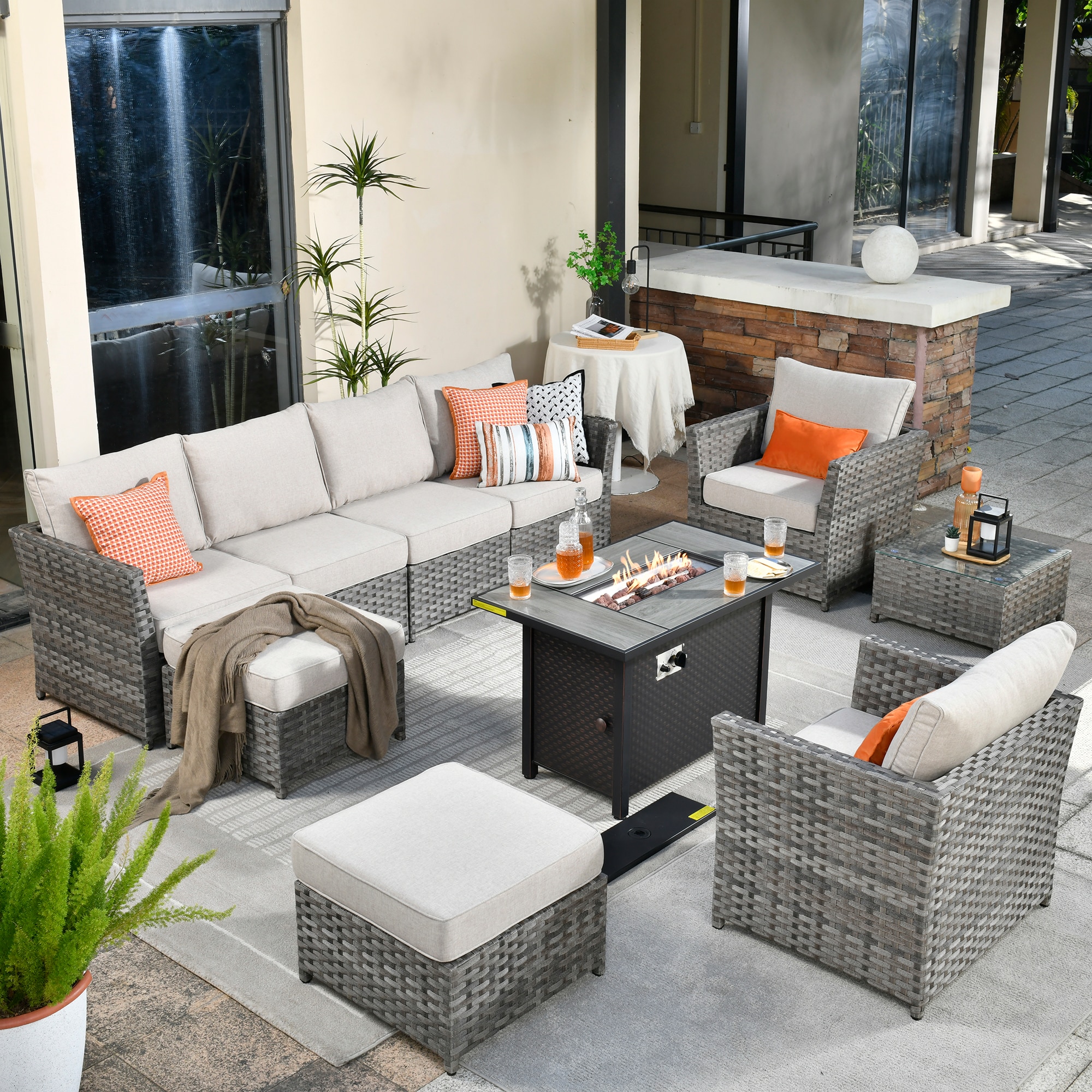 Pouuin Rattan Outdoor Sectional with Off-white Cushion(S) and Rattan ...