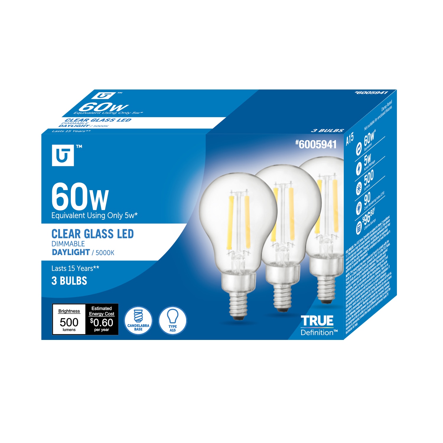 Utilitech 16A08-A15C-C-5W-50 60 -Watt EQ A15 Daylight Candelabra base (E-12) Dimmable LED General purpose Light Bulb 3 -Pack