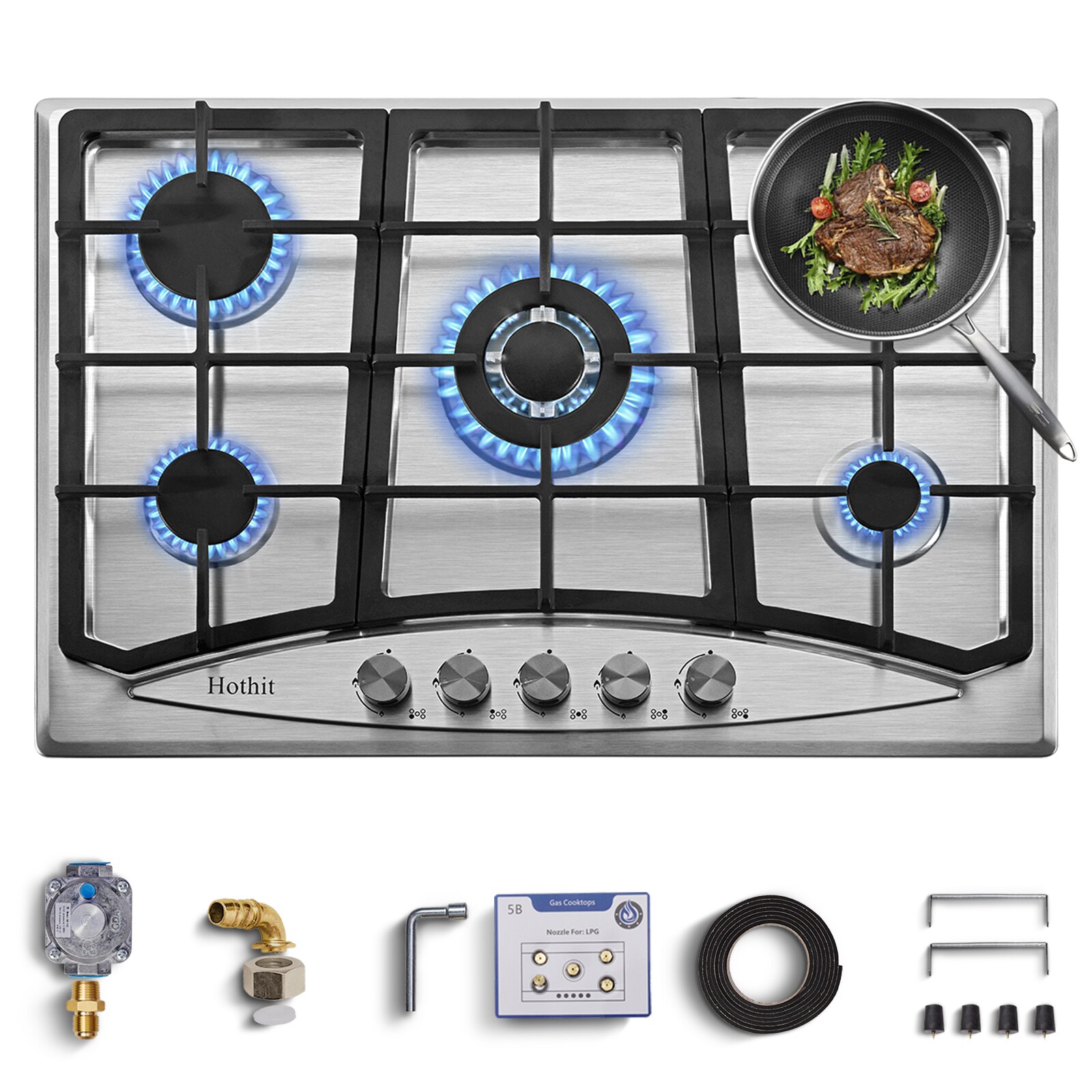 CASAINC Propane Gas Cooktop 30 inch, 5 Burner Built-in Stainless Steel ...