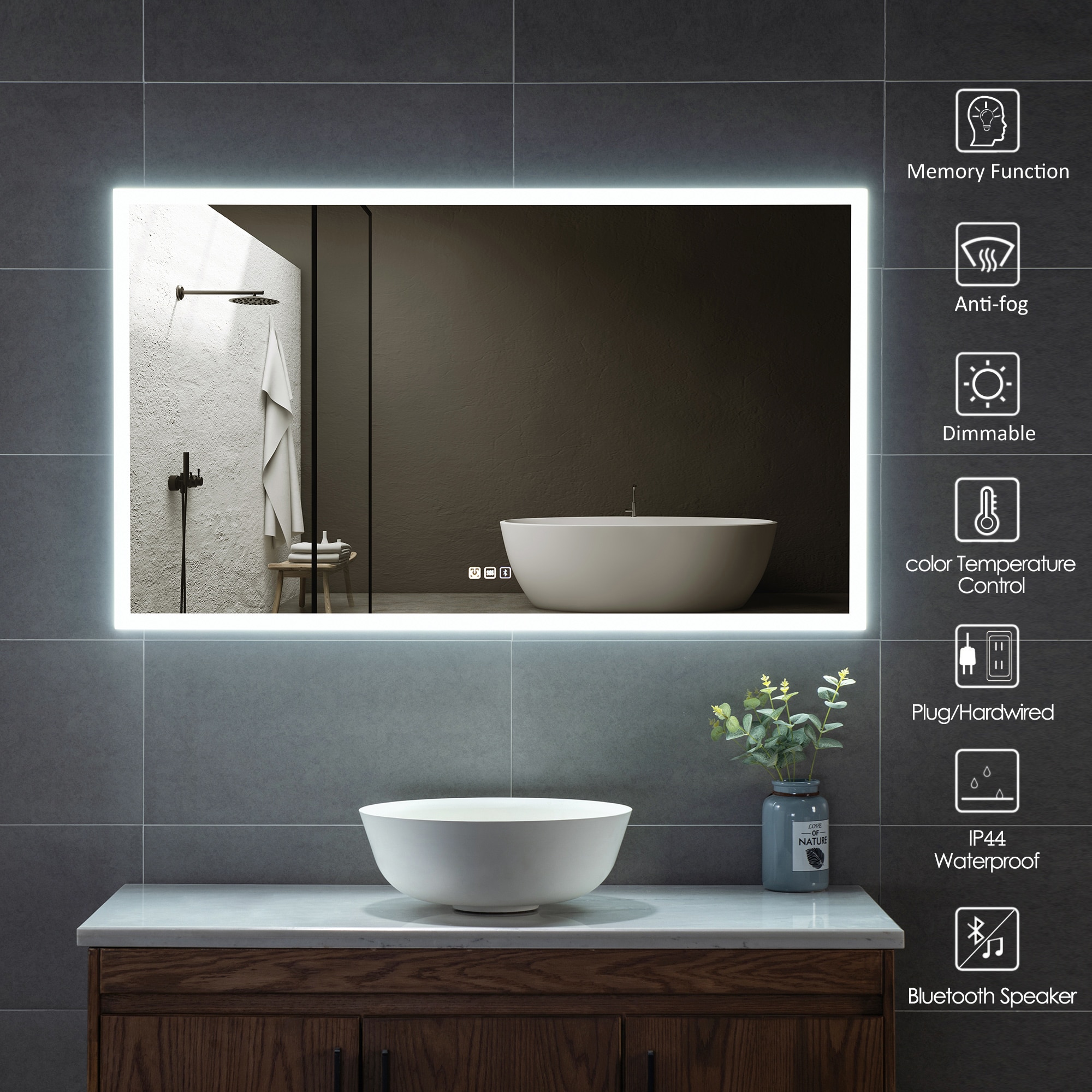 KINWELL LED Bathroom Mirror 48-in x 28-in LED Lighted Clear Rectangular Fog  Free Framed Bluetooth Bathroom Vanity Mirror in the Bathroom Mirrors  department at