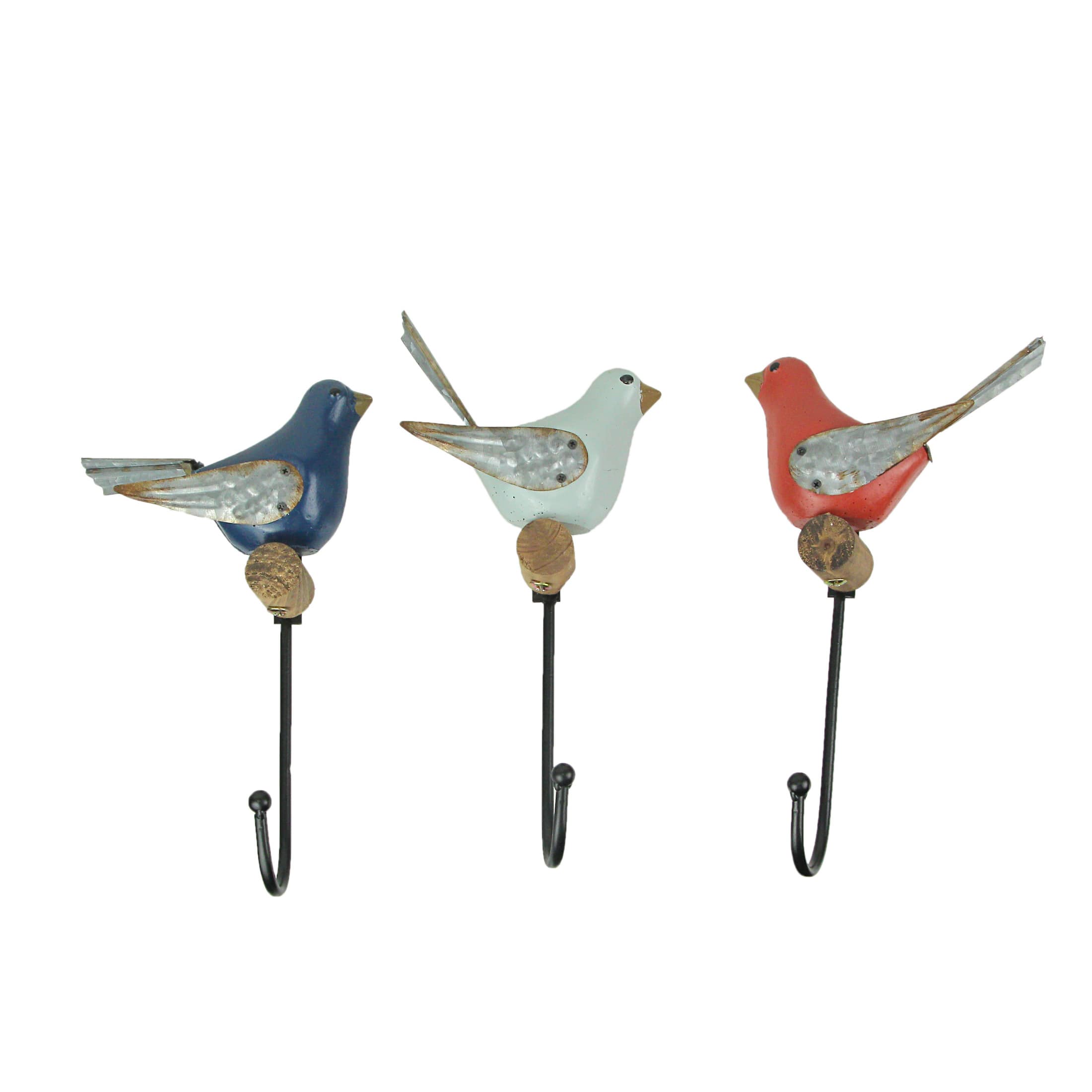 Transpac TP-A7491-SET Trio of Distinctive Bird-Themed Wall Hooks in Red- White- and Blue- Crafted from Wood and Metal- Ideal for Coats- Towels- Keys- and Dog Leashes- Each 11.75 Inches High