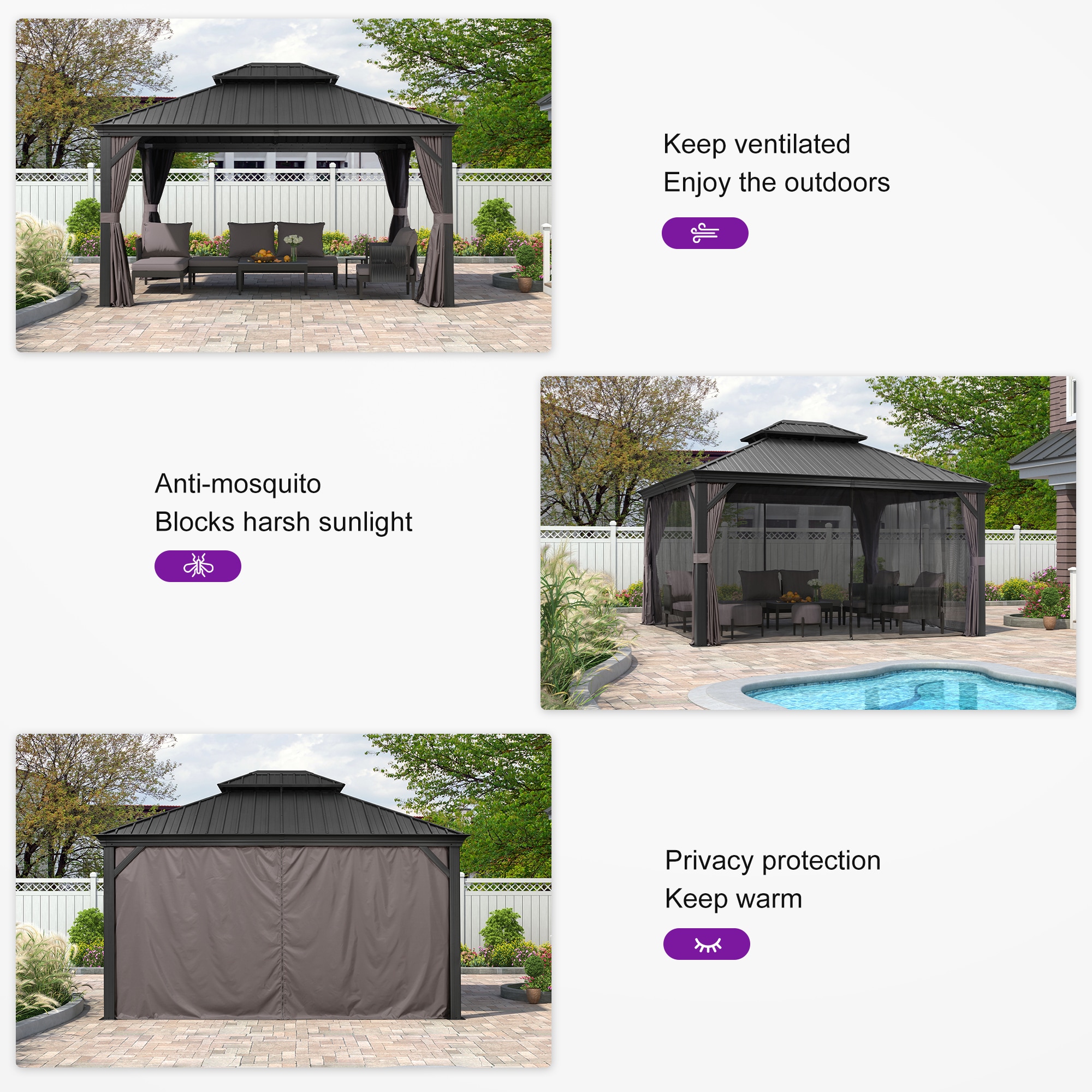 12' x 14' Gray Aluminum and Steel Hardtop Gazebo with Curtains