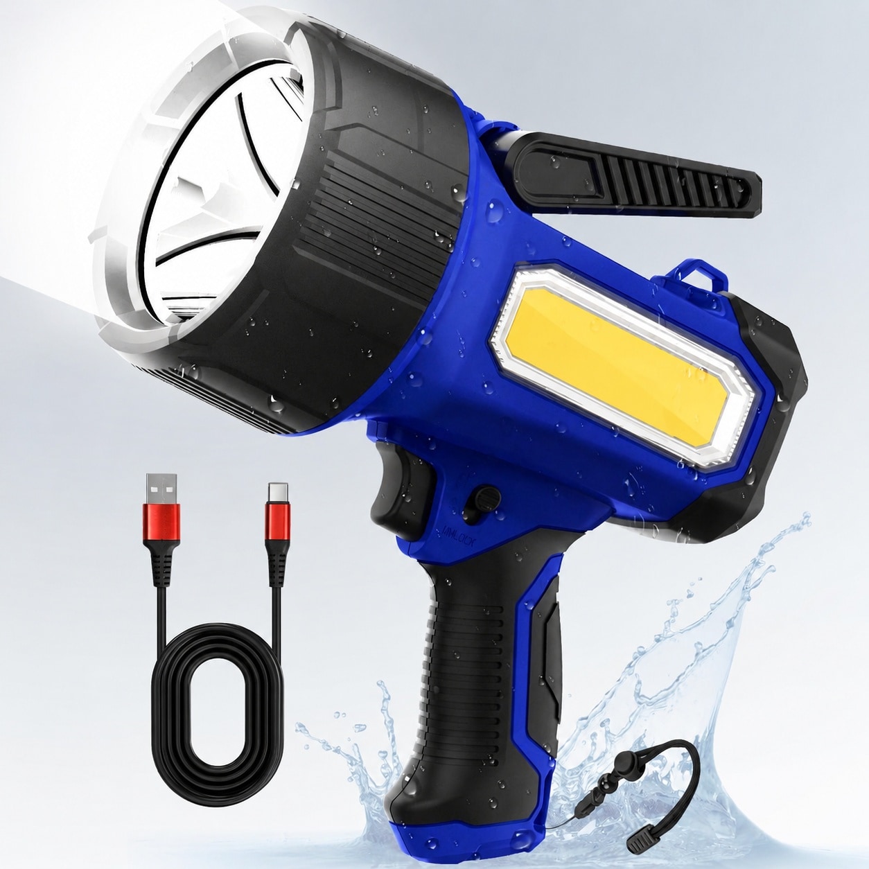 CYIKE  renewable power Spotlight Flashlight 200000 Lumens Handheld LED Spotlight with Foldable Stand and Six Lighting Modes IPX7 Waterproof for