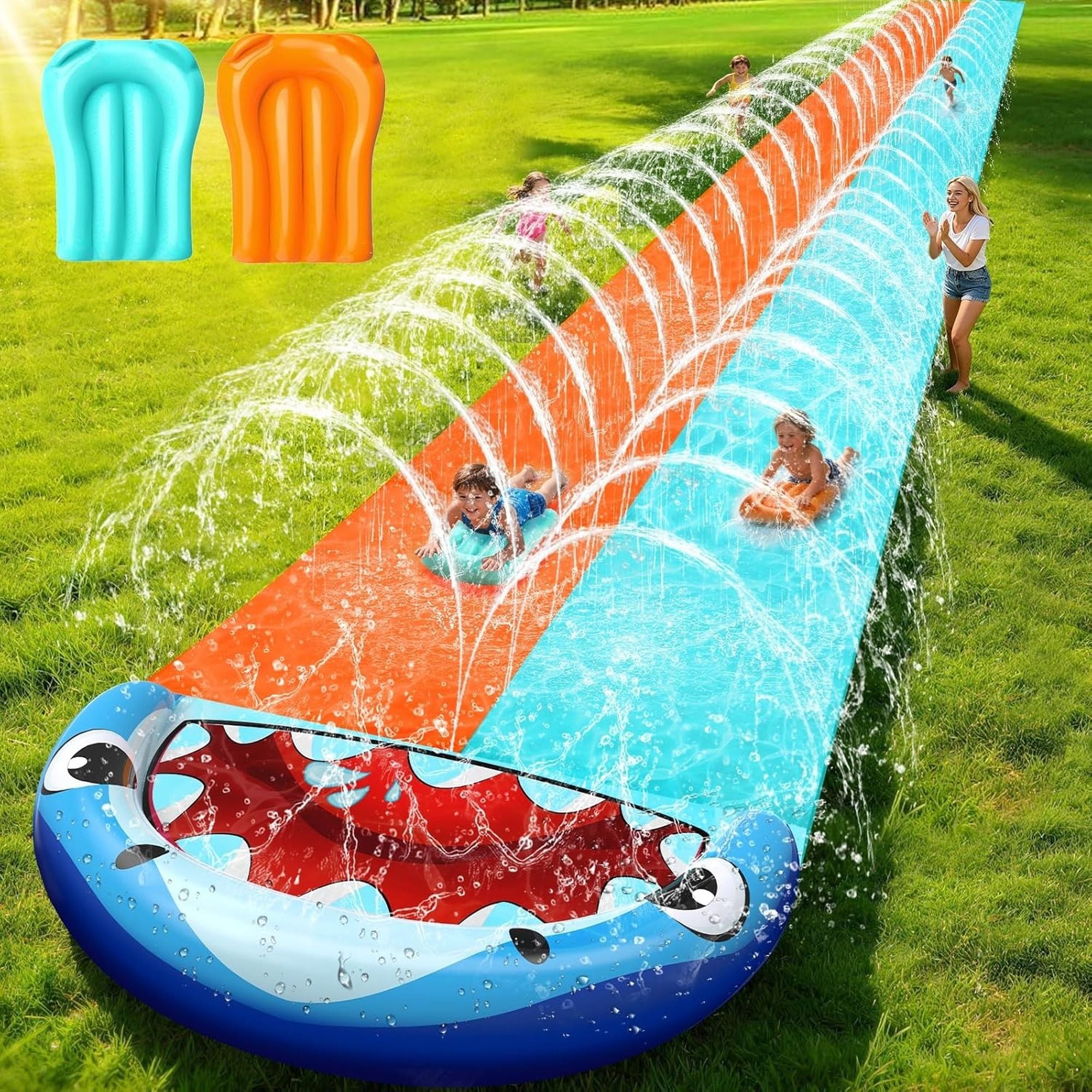 Angel Sar 50ft 2-Lane Blue Slip Lawn Water Slide with Sprinkler and 2 Inflatable Bodyboards Outdoor Backyard Racing Slide Toy for Summer Outdoor Party