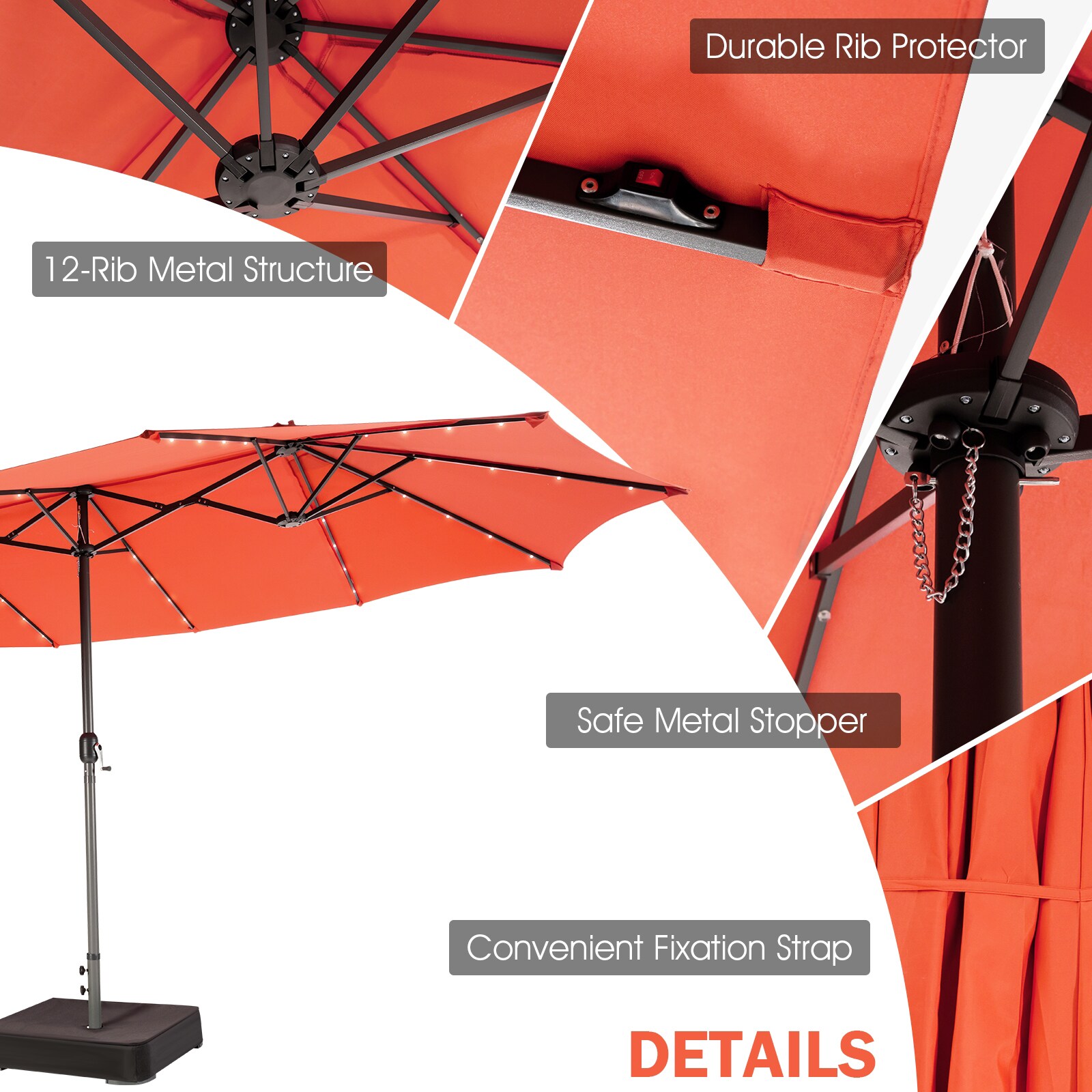 Clihome 15-ft Steel Orange No-tilt Garden Patio Umbrella with Lights ...