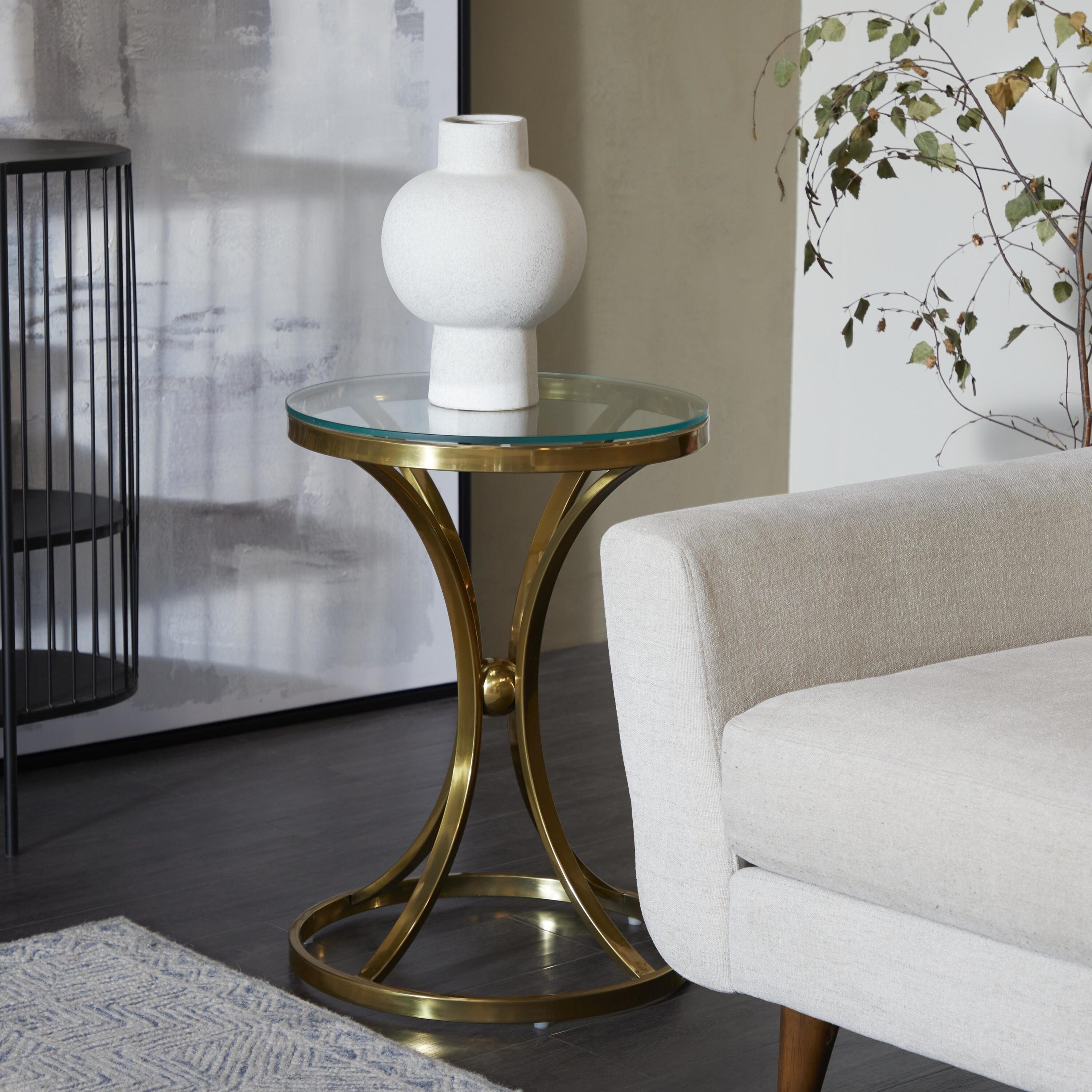 Grayson Lane 59688 18-Inches W x 25-Inches H Gold Hourglass Shaped Stand with Clear Glass Top Glass Round Modern End Table