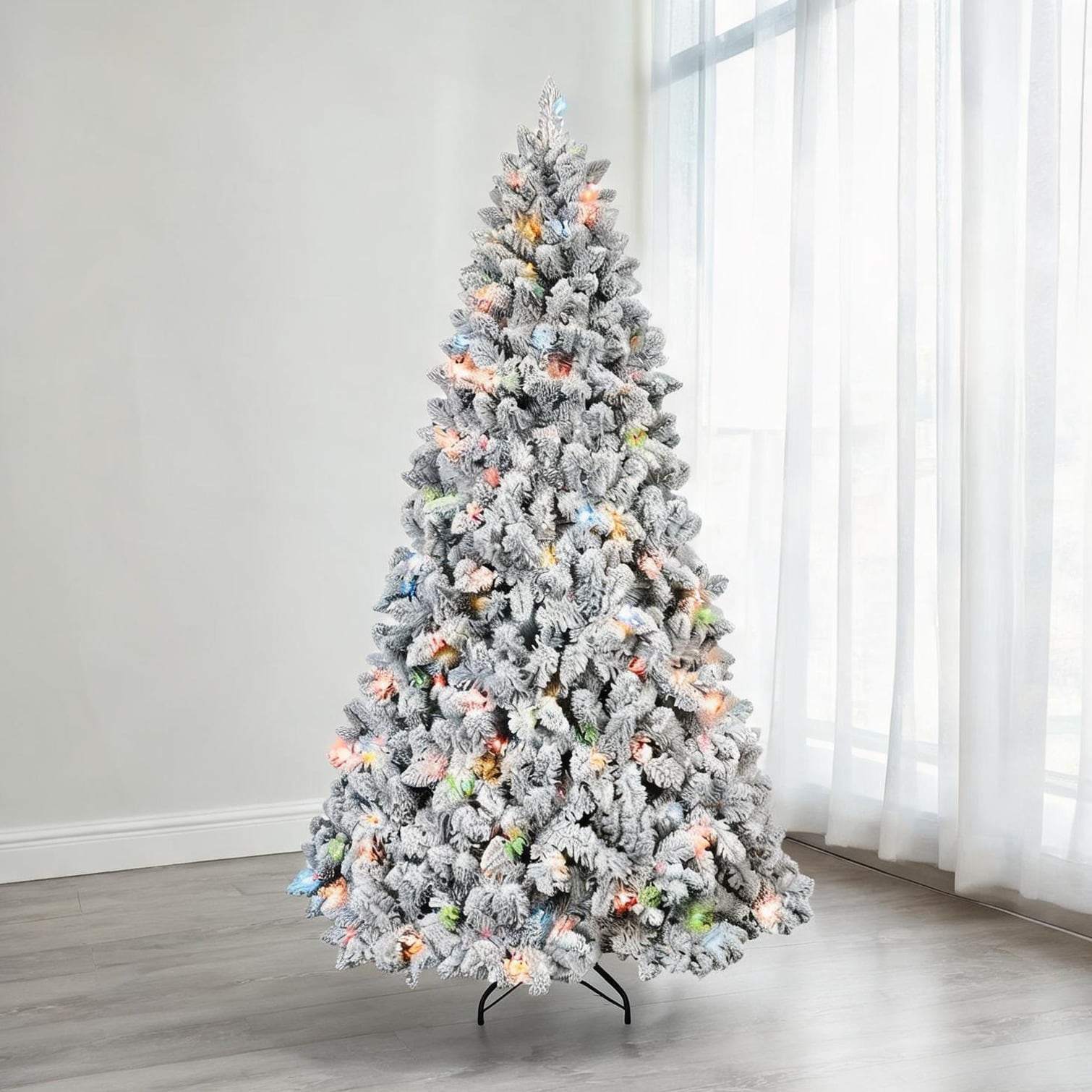 chillscreamni Enchanting Indoor Flocked Fir with 350 Multicolor LED Lights Hinged Branches and 888 Tips for a Luxurious Holiday Display