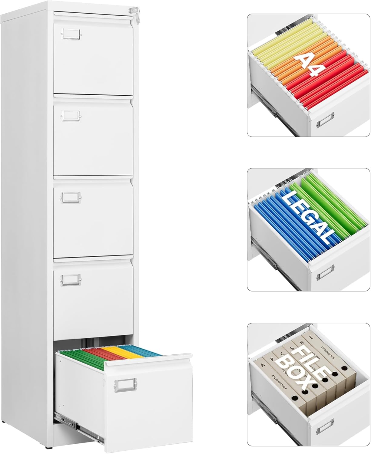 Letaya  5 Drawer File Cabinet with Lock 15 Narrow Vertical File Cabinet Five drawer Tall Office Filing Cabinets White Metal Filing Cabinets for Home Office Fit A4 Legal Letter Size Assembly Required