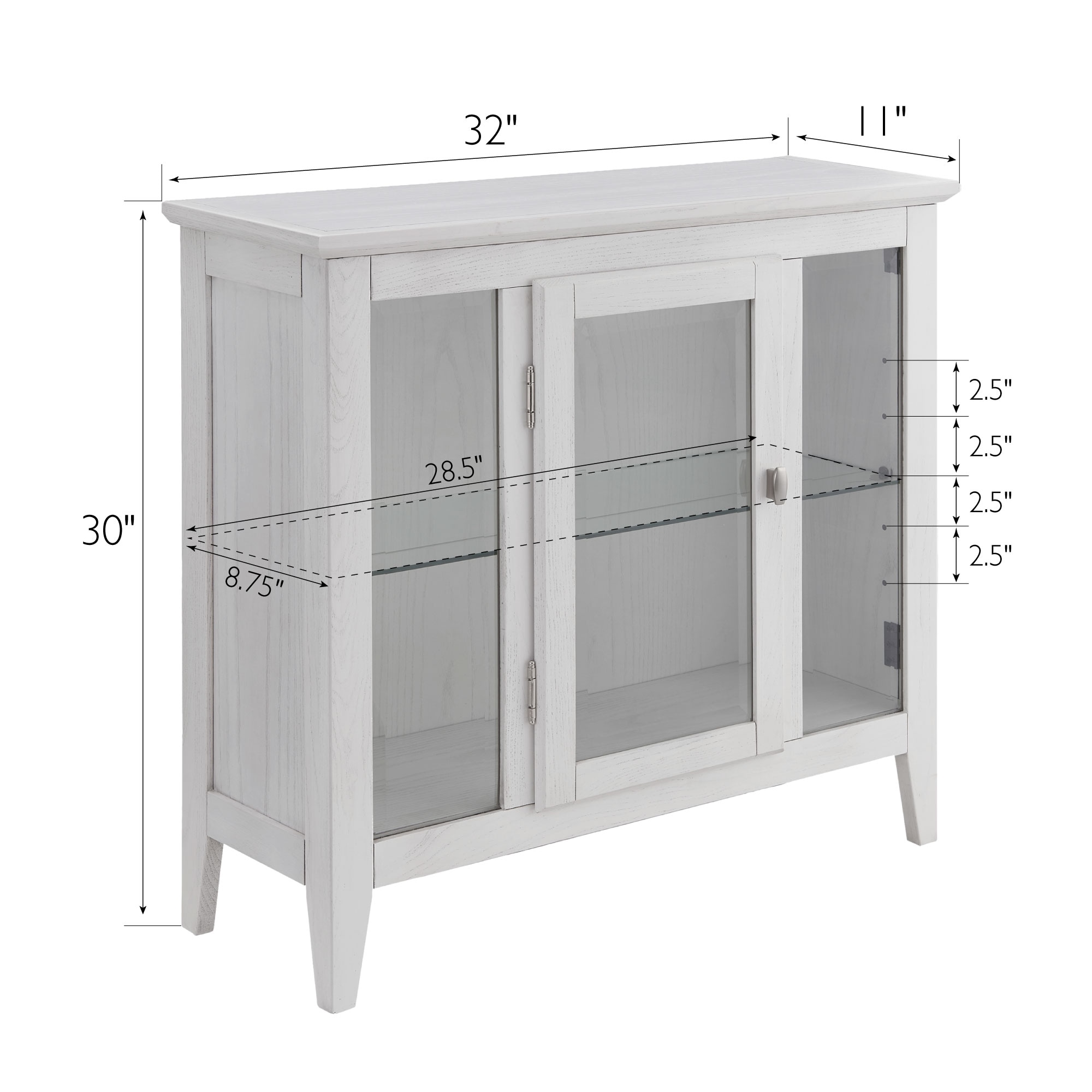 Weathered White Lighted Wood Curio Cabinet with Glass Shelves