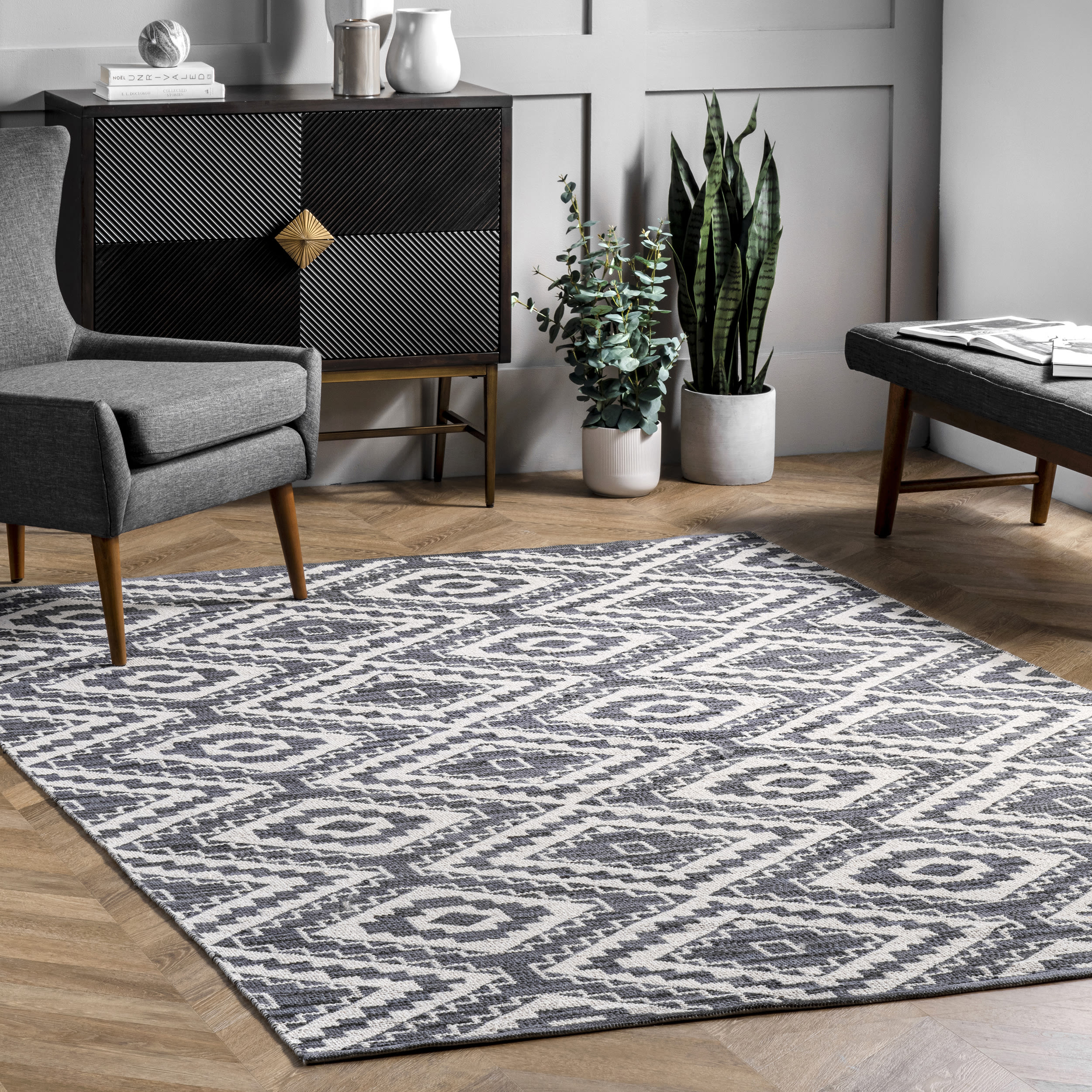 Gray and White Geometric Cotton Rectangular Area Rug, 3' x 5'