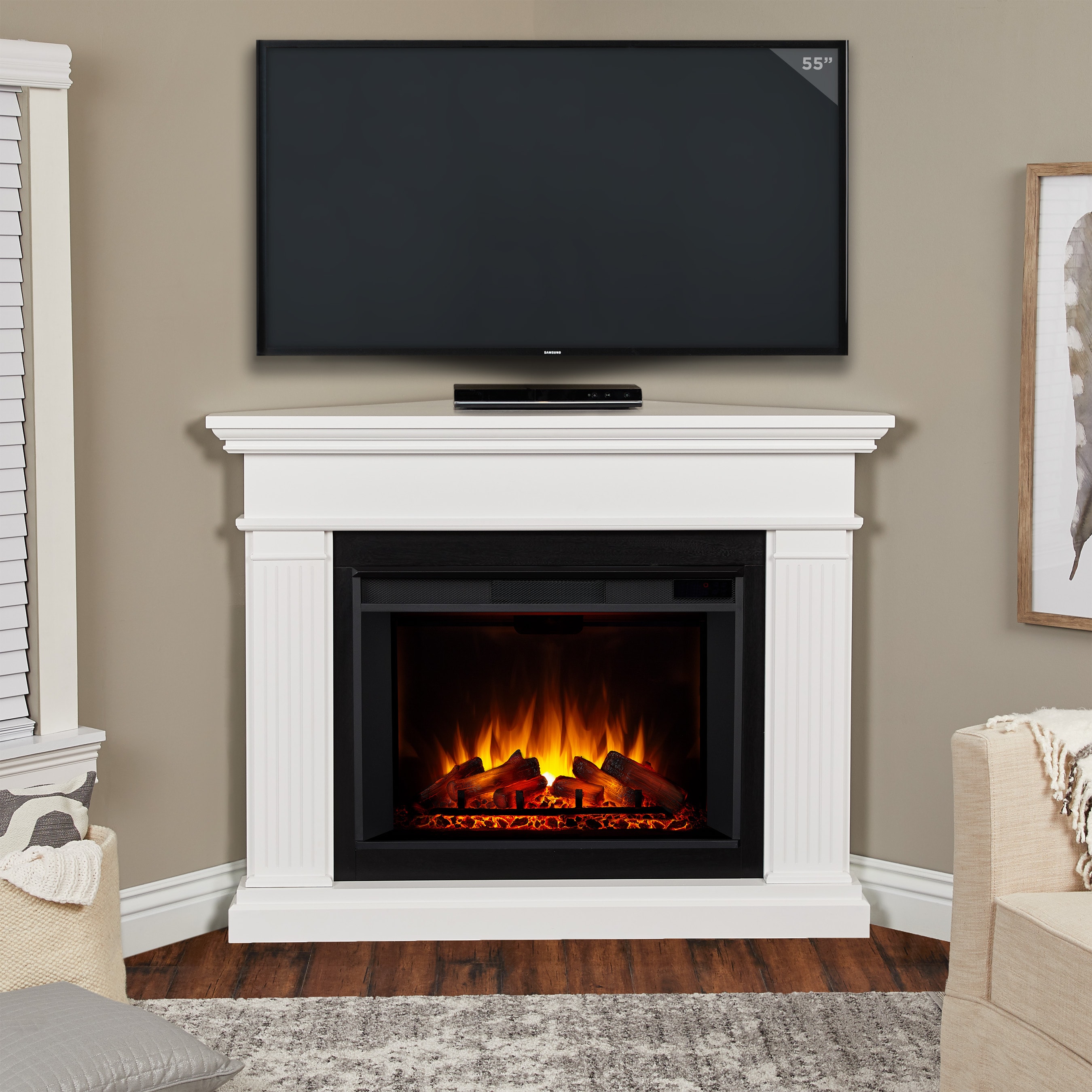 Real Flame 8050E-W 55.25-in W White Free standing Fan-forced Corner Electric Fireplace with Remote Control Included