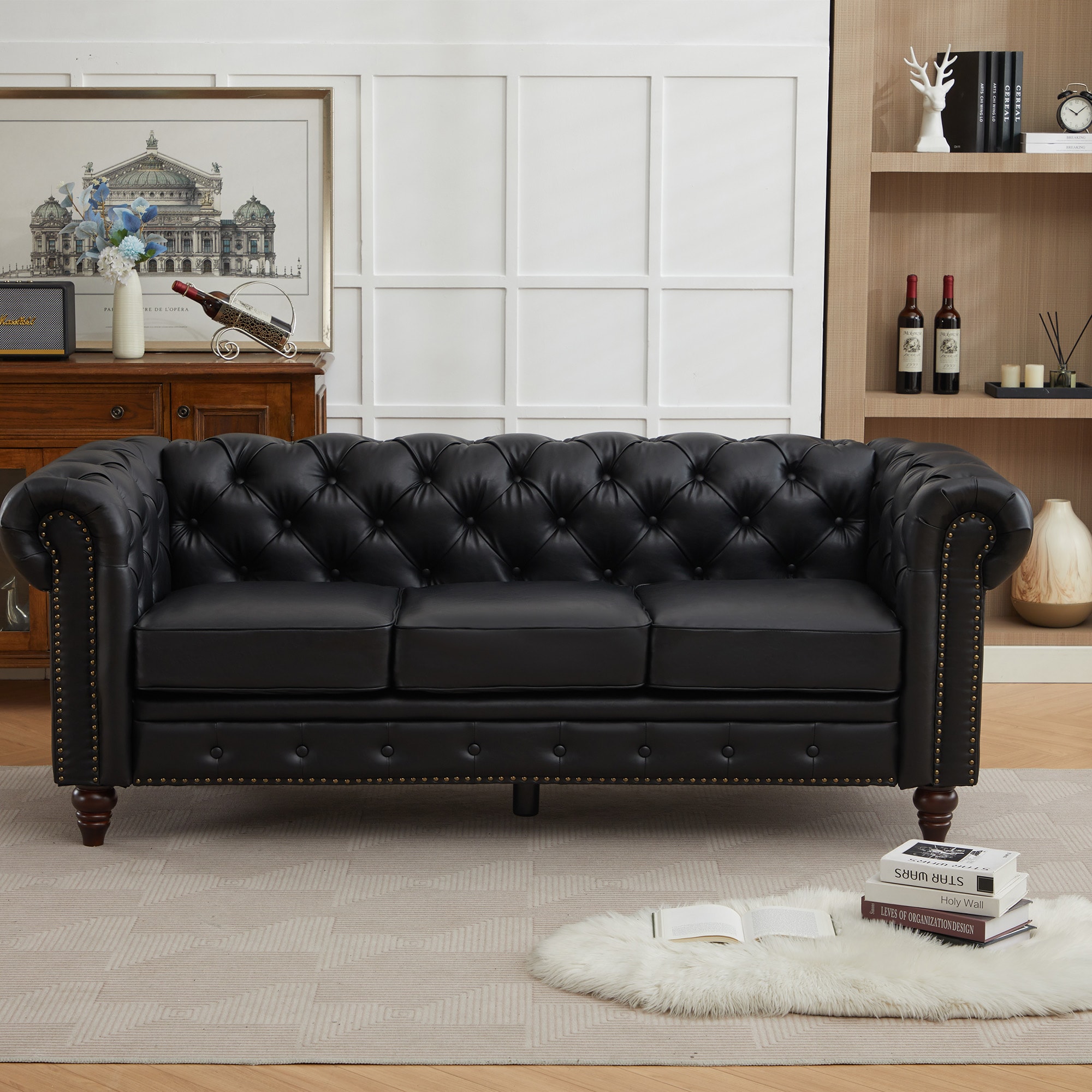 VOUA SAF-RMLC-BU 84.25-in Modern Black Faux leather Sofa