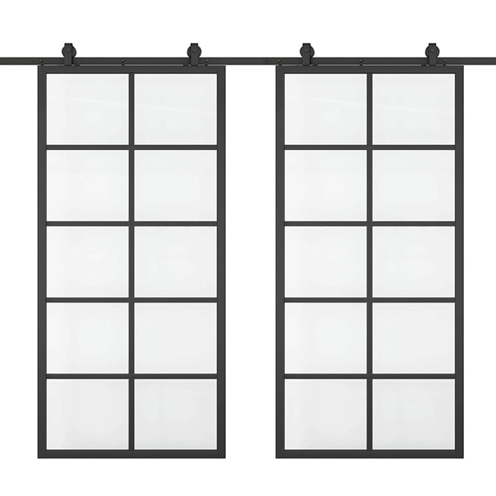 CALHOME LKM10-24-CL(2)+CN-MK 48-in x 84-in Clear Glass Black Clear glass Glass Solid core Double Barn Door (Hardware Included)