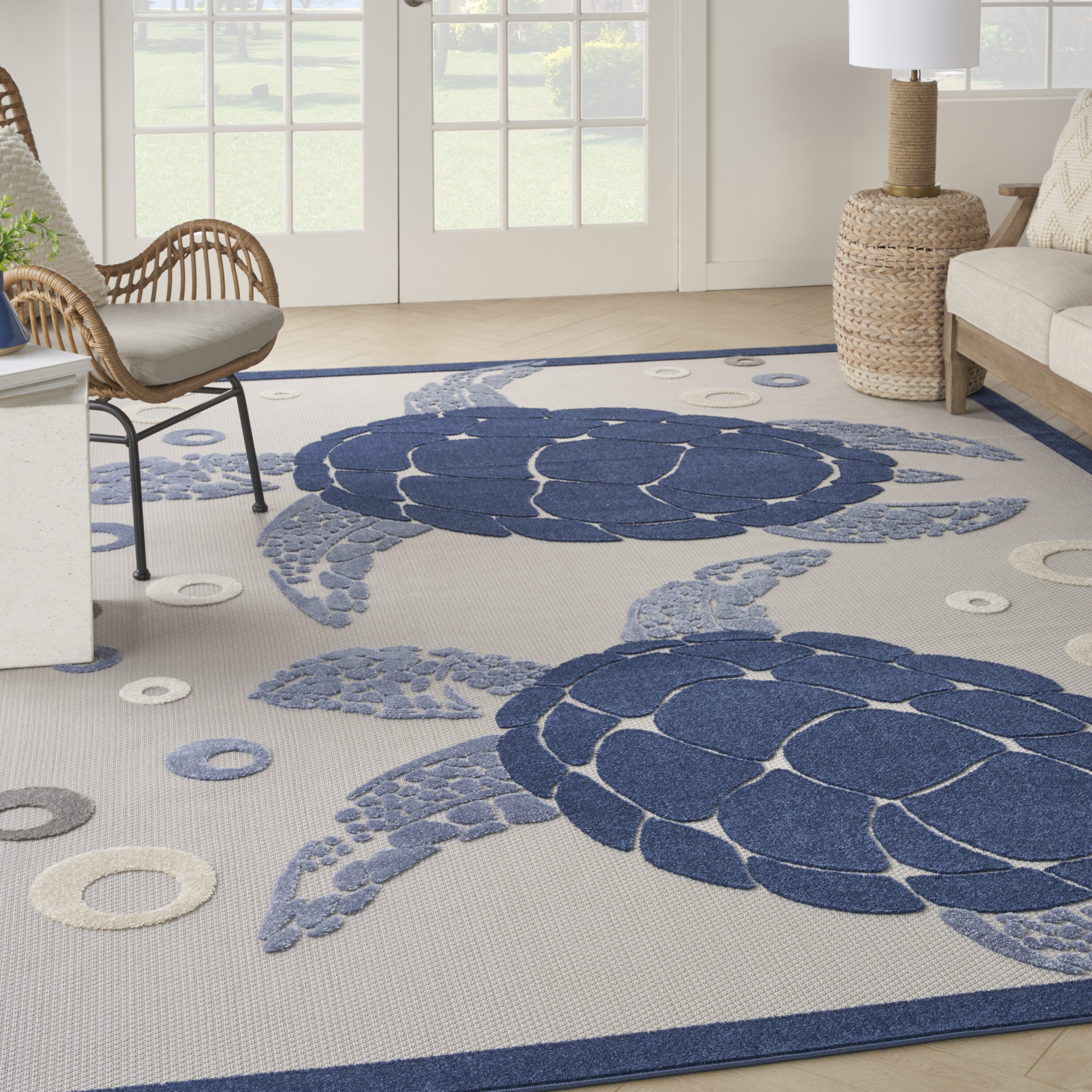 Nourison 099446136084 Aloha 8 x 11 (ft) Loomed Polypropylene Navy Blue Rectangular Indoor/Outdoor Animal print Coastal Area rug