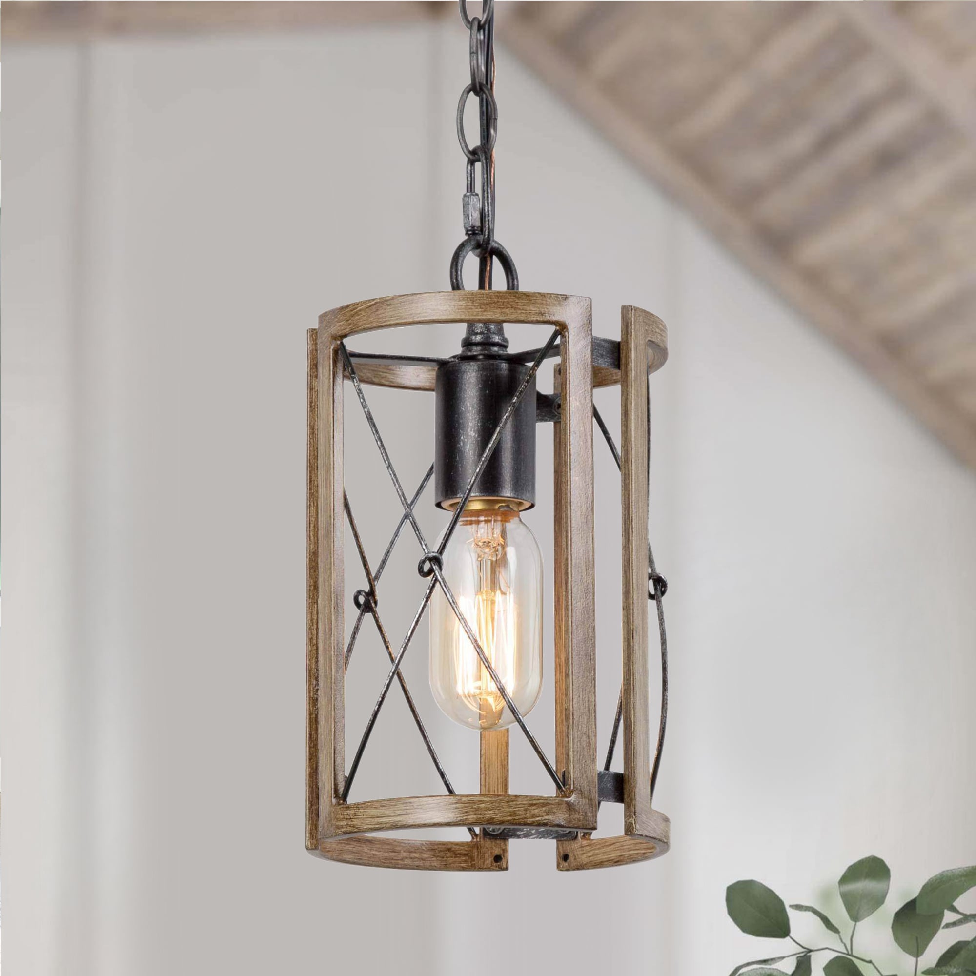 LNC 2AIVQZLWS409227 Martin 1 -Light Brushed Brown and Black Cage Vintage Cylinder Mini Hanging Kitchen island light