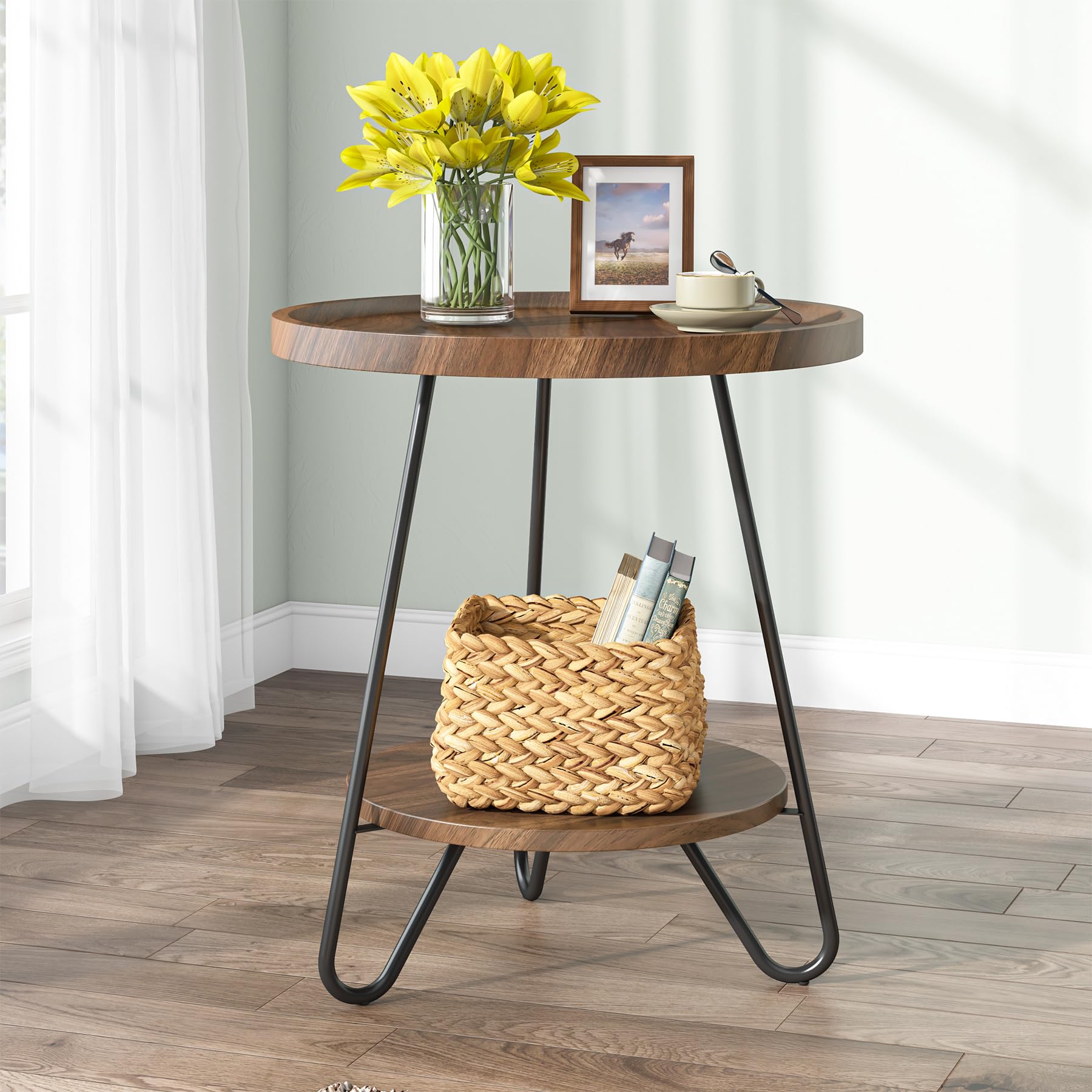 Fnova LWTJ-J0240 End table 20-in W x 24-in H Brown Wood Round Industrial End Table Assembly Required