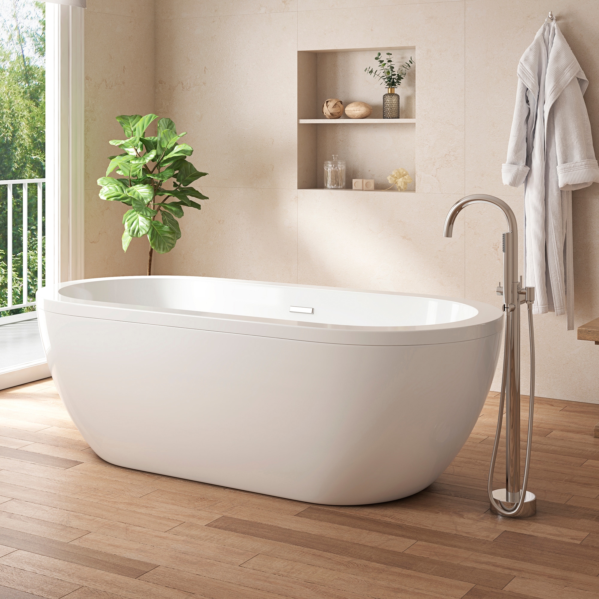 Serenity 34-in x 71-in Gloss White Acrylic Oval Freestanding Soaking Bathtub with Drain (Center Drain) | - OVE Decors SERENITY-71