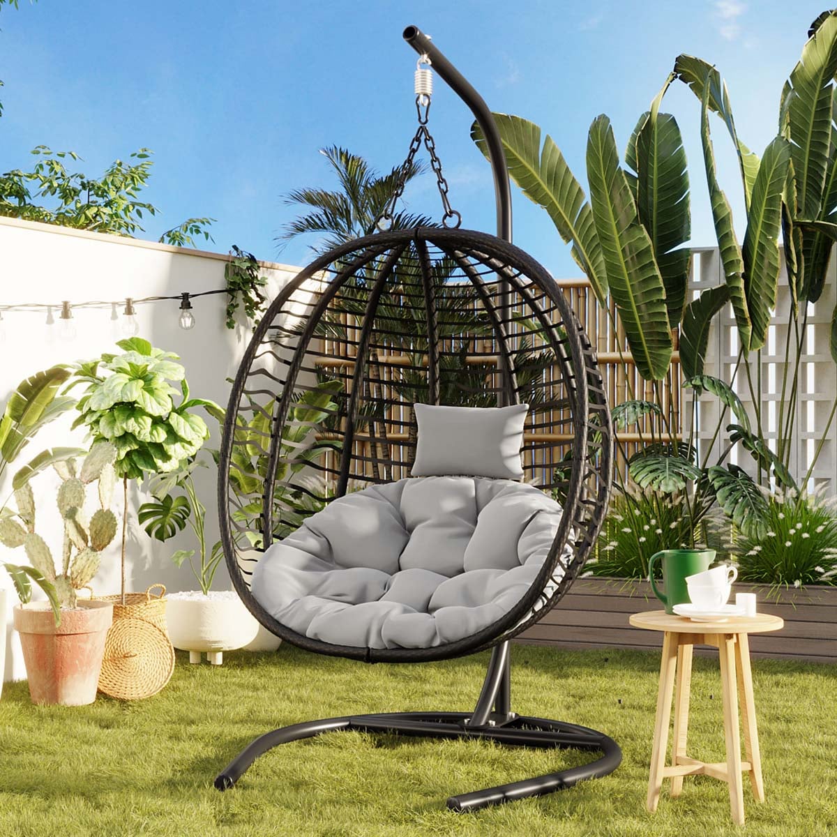 ModernLuxe Assembly Required Single Person Folding Egg Chair with Stand Hanging Egg Chair Indoor Outdoor Wicker Hammock Swing Chair with Adjustable AntiSlip FeetSuitable for Balcony Bedroom Garden Black+ Gray