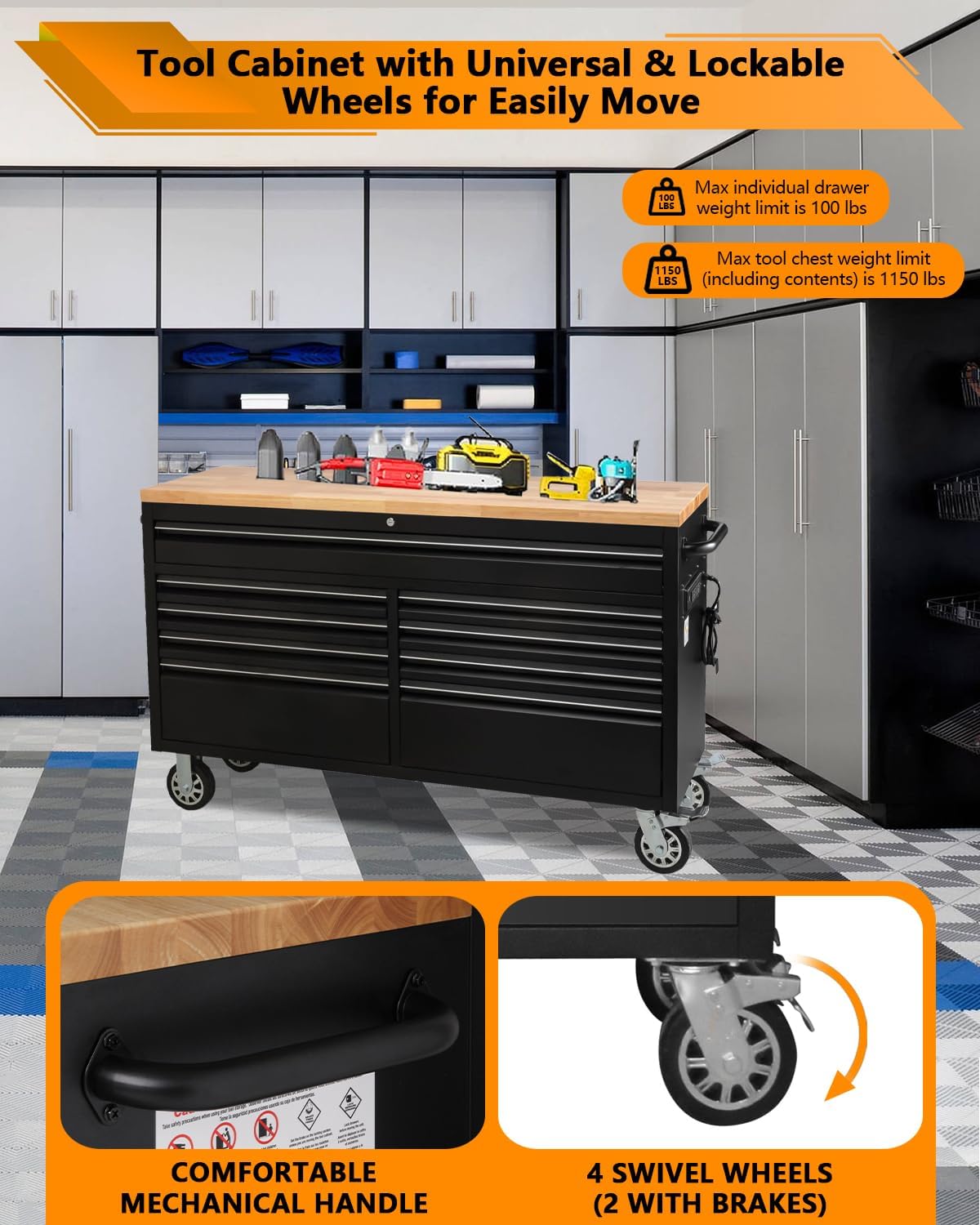 Garvee 61 Inch Heavy Duty Rolling Tool Chest and Mobile Workbench with 9 Drawers Steel Storage Cabinet with Rubber Wood Top Key Lock Drawer Liners and Wheels for Garage Workshop Black Sansujyuku sansujyuku.com